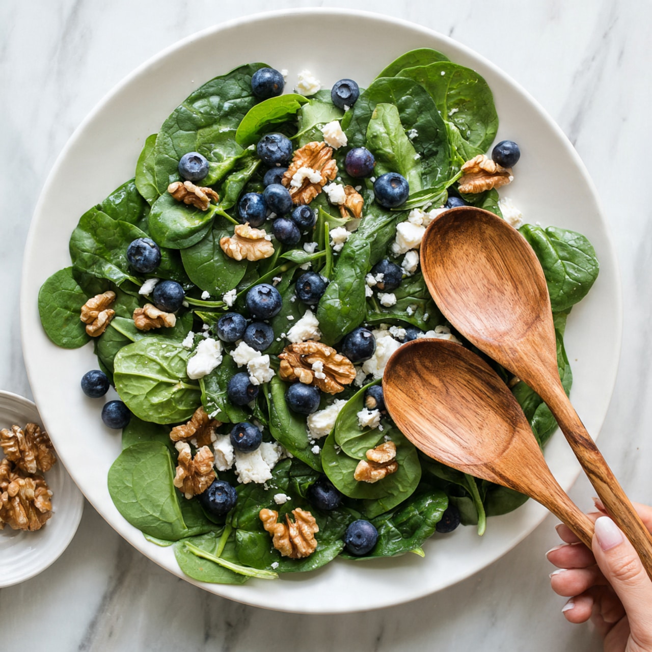 A white plate holds a fresh spinach salad with bright green spinach leaves forming the base layer. Scattered on top are deep blue blueberries, small chunks of white cheese, and crumbled brown walnuts. Two wooden salad spoons rest in the salad, and a woman's hand is holding one of the spoons on the right side. The plate sits on a white marbled surface. Photo taken with an iphone --ar 4:5 --v 7