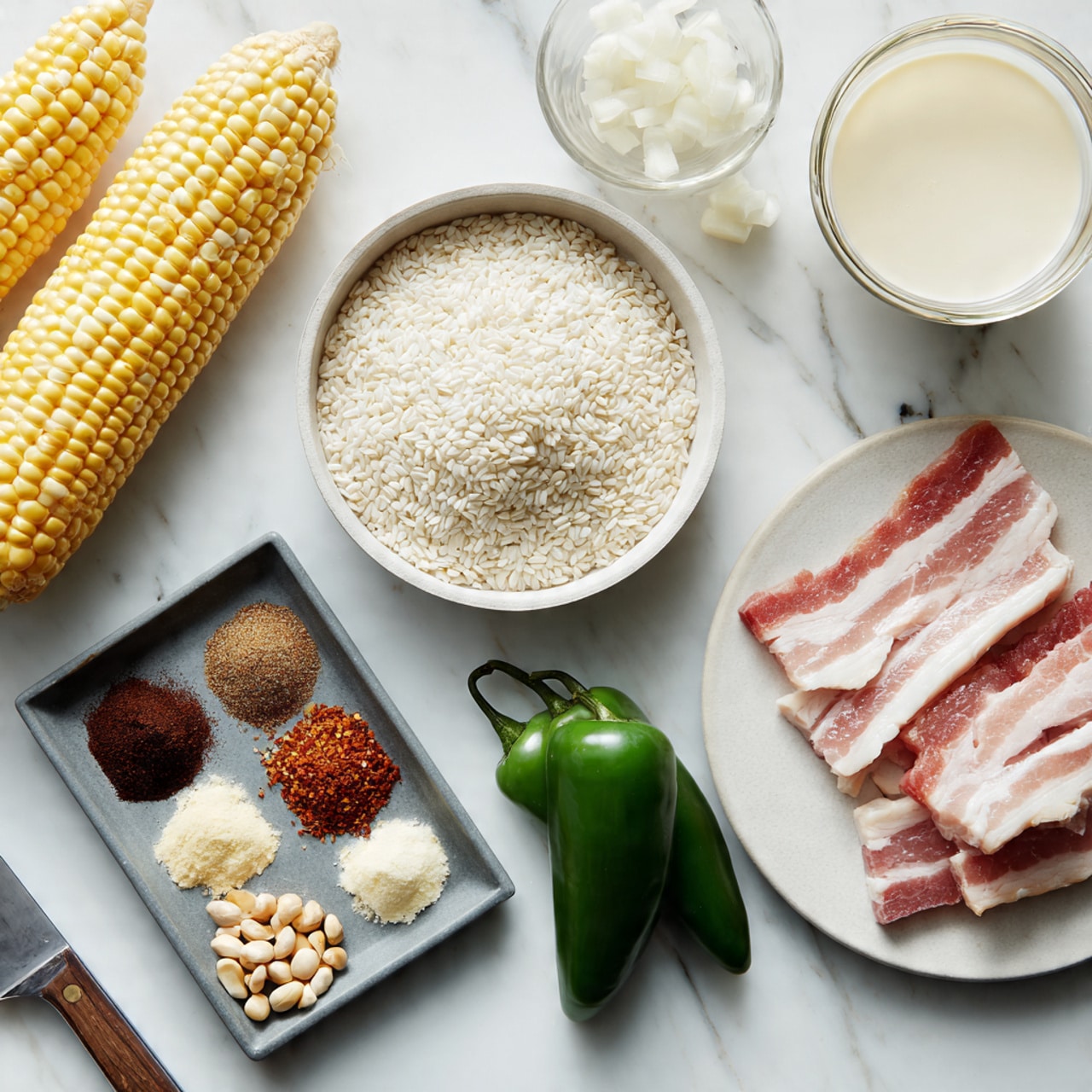 The image shows various cooking ingredients neatly arranged on a white marbled surface. At the center, there is a white bowl filled with small white grains. To the right, a white plate holds slices of raw bacon with pink and white marbling. Beside the plate are two fresh green jalapeño peppers. On the left side, a gray tray contains four different powdered spices in neat piles, ranging from dark brown to light reddish-brown, next to some small beige nuts. In the bottom left corner, a knife rests on the marble near chopped white onions. A glass filled with a creamy white liquid and a small clear bowl of sour cream appear nearby. Lastly, a clear bowl with light yellow broth and two fresh yellow corn cobs complete the scene, all placed on the white marbled surface. Photo taken with an iphone --ar 4:5 --v 7
