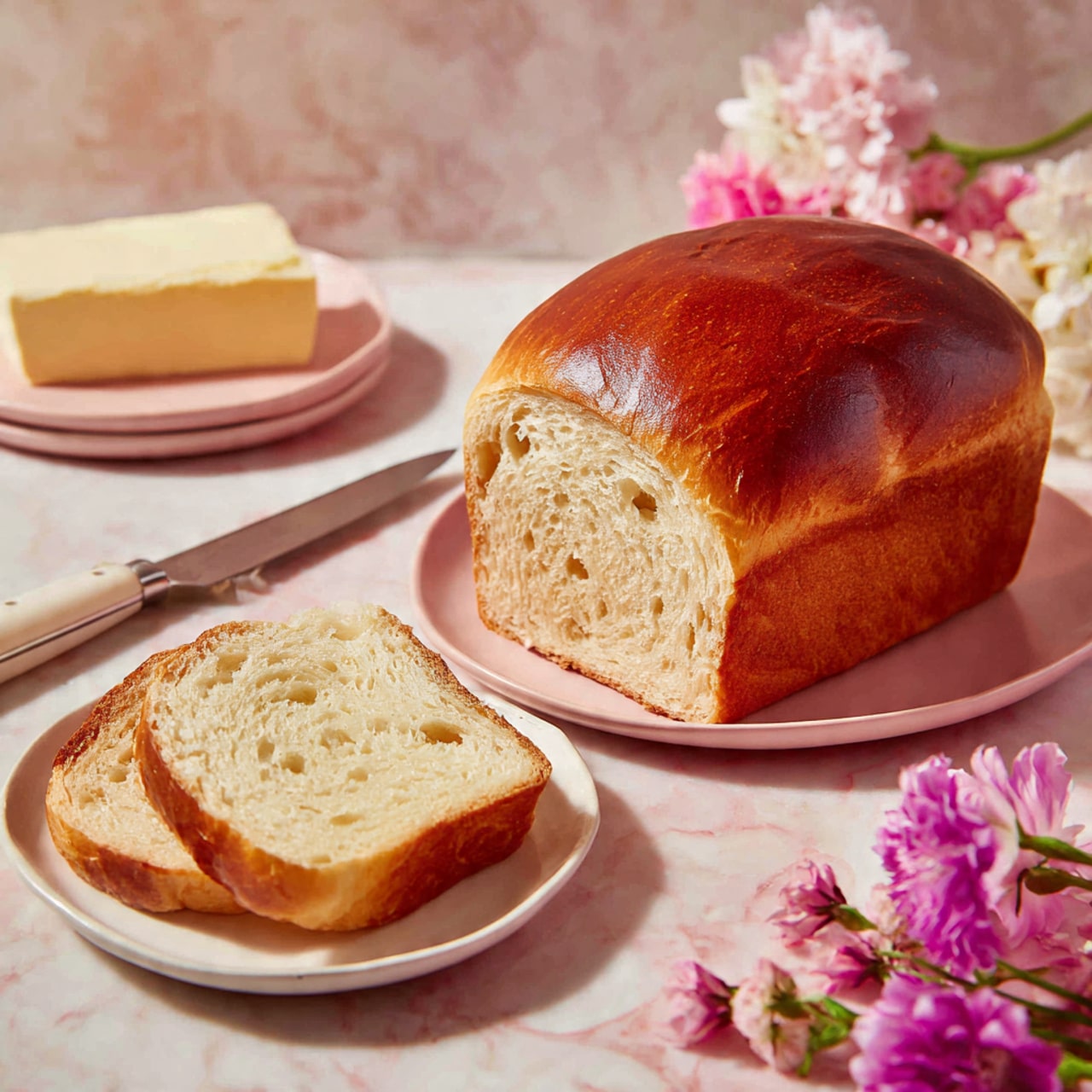 The image shows a soft loaf of bread with a shiny golden-brown crust; one slice is cut and placed on a white plate in the front, revealing a light, fluffy inside with small air holes. The loaf is on a pink plate on a white marbled surface, next to a knife with a white handle and a block of butter in the background. On the right, there are some soft pink and white flowers adding a touch of color. The photo taken with an iphone --ar 4:5 --v 7