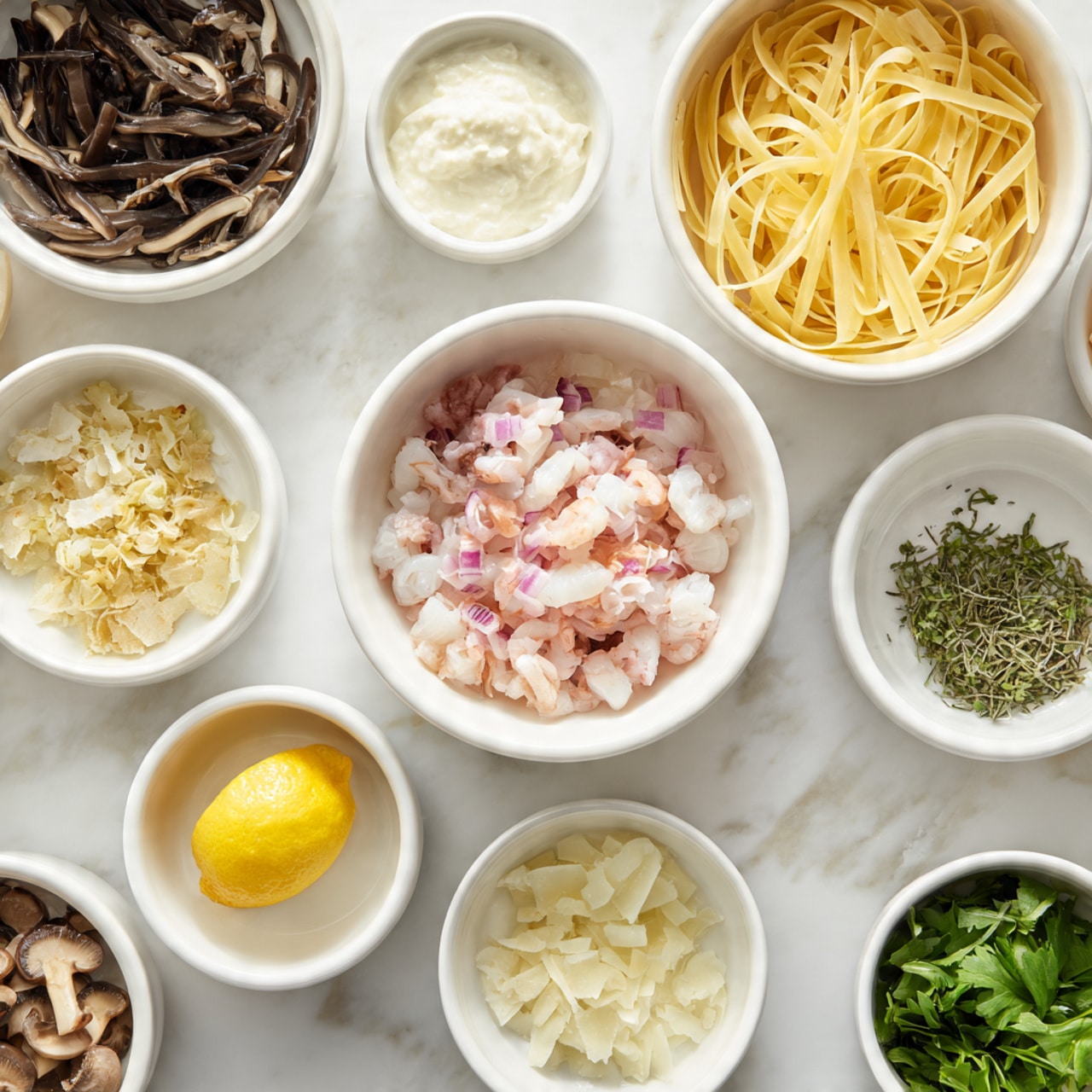 The image shows various ingredients arranged neatly on a white marbled surface, each in a white bowl or small white dish. In the center, there is a white bowl filled with a layer of pink and white pieces, possibly chopped seafood or meat. Above it to the right is a white bowl with light yellow pasta strands. Around these, there are small white bowls containing creamy white sauce, green leafy herbs, grated light yellow cheese, and pale chopped onions. There is a small dish with a yellow lemon wedge and some herbs. To the left, a white bowl holds dark, thin strips of mushrooms. The items are set clearly and spaced out, showing a fresh and organized setup. photo taken with an iphone --ar 4:5 --v 7
