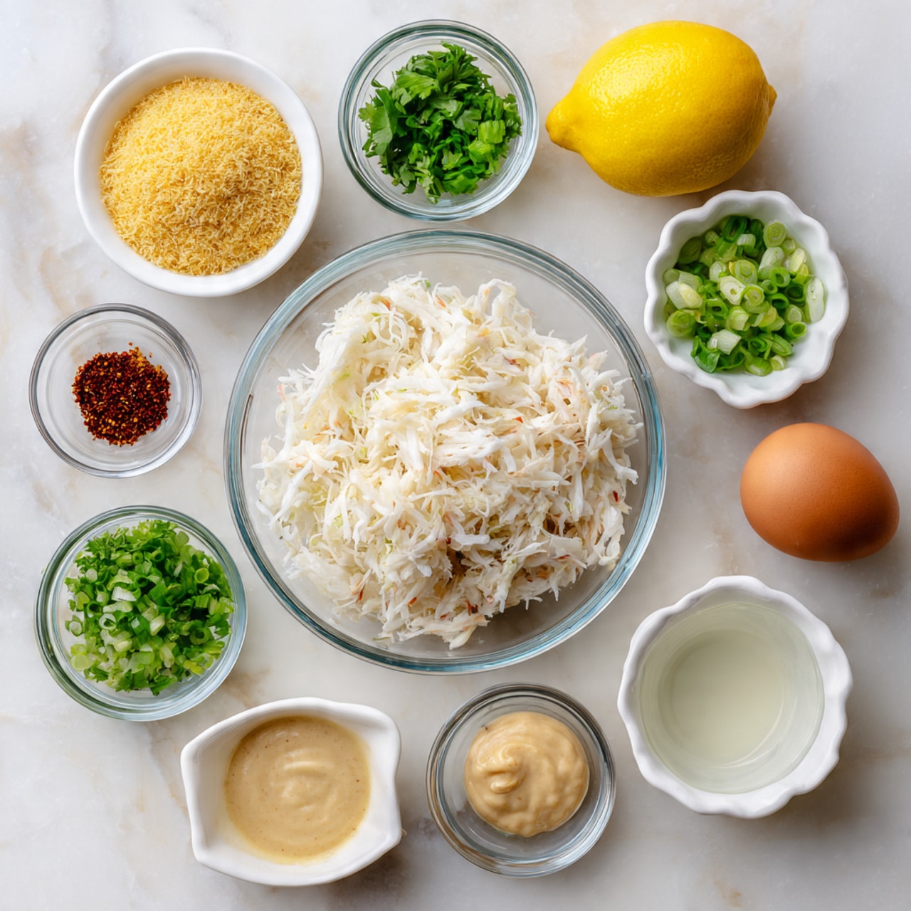 A clear glass bowl filled with white shredded crab meat is placed in the center on a white marbled texture. Surrounding it are small white bowls and clear glass dishes each holding different ingredients: yellow panko breadcrumbs in one bowl at the top left, chopped green onions in a small clear bowl to the right, chopped cilantro in another small clear bowl below that, a brown egg in a white fluted bowl at the top right, a half yellow lemon at the bottom left, a light brown creamy sauce in a white bowl near the bottom right, a light yellow mustard in a small white bowl below the crab meat, a small clear bowl with reddish-brown seasoning at the bottom left, and a white bowl with clear liquid just below the mustard. The arrangement forms a loose circle around the main crab meat bowl. The photo taken with an iphone --ar 4:5 --v 7