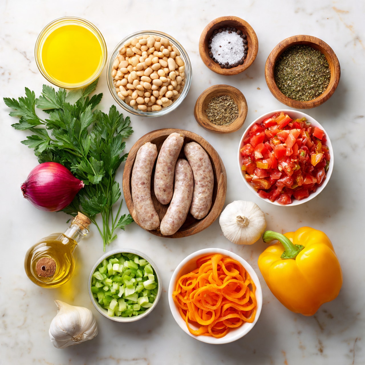 The image shows an overhead view of various fresh cooking ingredients placed neatly on a white marbled surface. There is a small glass of bright yellow liquid in the top left, next to a clear container of beige beans and a wooden bowl filled with peppercorns. Another wooden bowl with coarse salt and a small round container of dried herbs are nearby. A bunch of green parsley is positioned on the left side, just below the beans. In the center, there are three uncooked sausages with a greyish-pink color. A white bowl filled with diced red tomatoes sits to the right of the sausages. Below, there is a bowl of thin orange carrot slices and next to that, a whole yellow pepper. On the left bottom corner is a red onion, a small bottle of golden oil, a garlic bulb, and a white bowl filled with chopped green celery. All items are spaced evenly and clearly visible, photo taken with an iphone --ar 4:5 --v 7