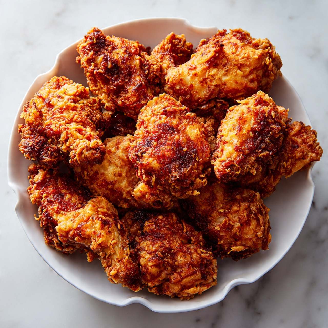 The image shows a white scalloped bowl filled with multiple pieces of golden brown fried chicken. The chicken pieces have a crispy, rough texture with uneven, crunchy edges. They are piled together tightly, showing a mix of larger and smaller pieces. The bowl sits on a white marbled surface, and the chicken’s warm tones stand out against the light background. photo taken with an iphone --ar 4:5 --v 7