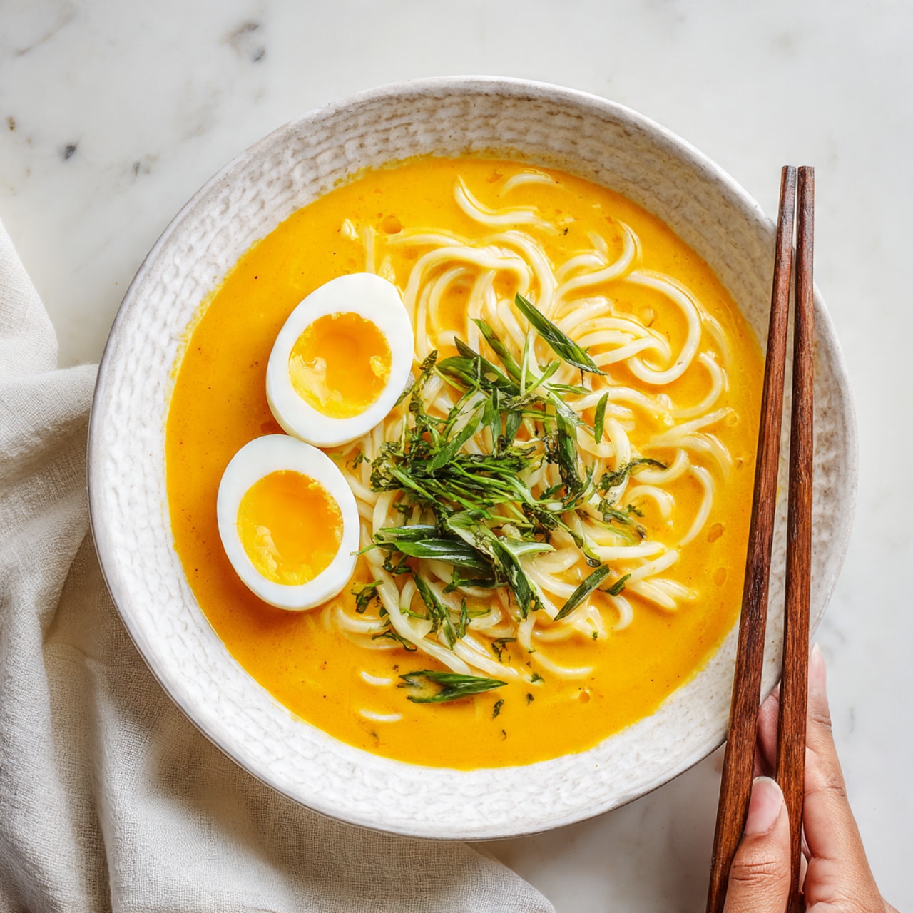 The image shows a bowl of creamy orange soup with soft cooked noodles floating on top, placed on a white marbled surface. There are two halves of a hard-boiled egg with bright yellow yolks resting on one side of the bowl. Fresh green herbs and finely chopped green onions are scattered over the noodles and eggs, adding a pop of color. The bowl is white textured, sitting on a white cloth with a woman's hand holding wooden chopsticks to the right side. photo taken with an iphone --ar 4:5 --v 7