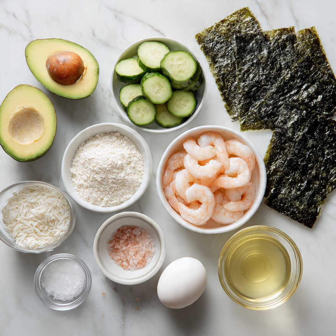 The image shows several white bowls and small glass dishes arranged on a white marbled surface. There are two halves of a green avocado with a visible pit. One bowl contains light green cucumber sticks. Another bowl is filled with pinkish-white cooked shrimp. A bowl holds small white rice grains, while another bowl contains white flour. A small white bowl holds a white powdery substance. One glass dish has coarse pink salt, and another has fine white granulated sugar. There is one whole white egg and a small glass with clear light yellow liquid. In the top right, there are two dark, textured seaweed sheets flat on the surface. Photo taken with an iphone --ar 4:5 --v 7