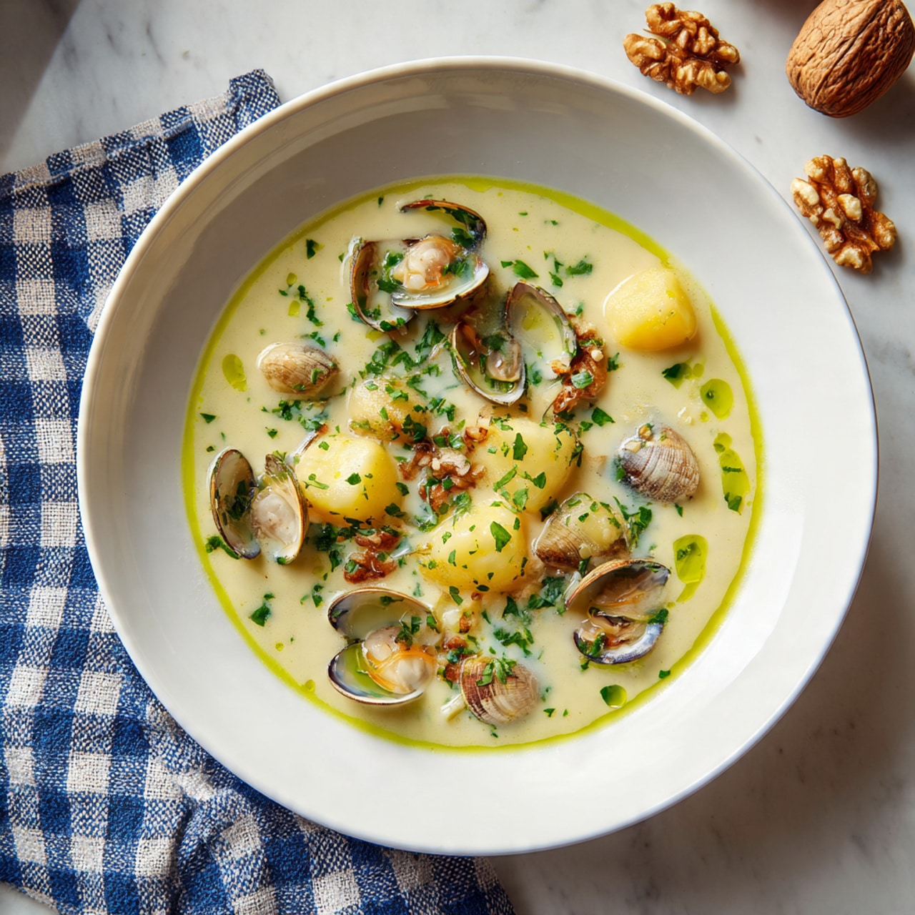 A shallow white bowl holds creamy light beige soup with chunks of pale yellow potatoes, small brown clams, and flakes of white fish. The soup is garnished with finely chopped green herbs and has a smooth green oil drizzle forming a ring near the bowl’s inner edge. The bowl sits on a white marbled surface, and a blue and white checkered cloth is seen to the side with some walnut halves scattered around. The lighting is warm, giving the dish a cozy, inviting look. photo taken with an iphone --ar 4:5 --v 7