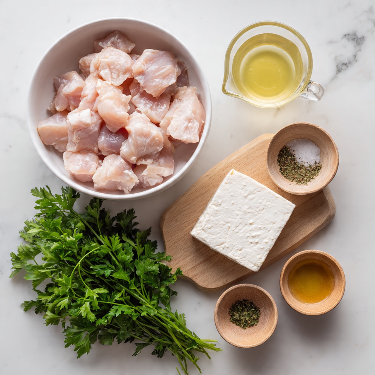 The image shows a white bowl filled with raw pale pink chicken pieces on a white marbled surface. Next to it, a clear measuring cup contains a light yellow liquid. Below the bowl and cup, there is a bunch of fresh green parsley resting on the surface beside a round block of white cream cheese on a light wooden board. To the right of the board are three small wooden bowls, one with coarse salt and black pepper, one empty, and another with a golden liquid, all placed on the white marbled surface. Photo taken with an iphone --ar 4:5 --v 7