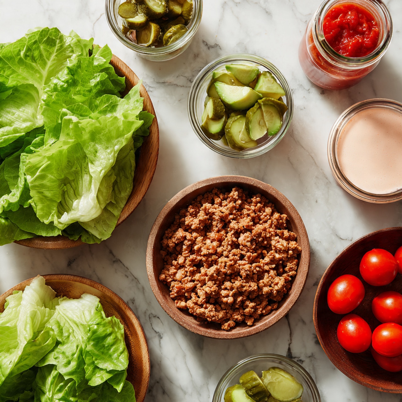 The image shows an overhead view of a white marbled surface with several bowls and jars arranged neatly. There are two wooden bowls filled with fresh green lettuce leaves, one bowl with cooked ground meat that is brown and crumbly, and small glass bowls containing bright green avocado slices, red cherry tomatoes, and light green pickles. A small container with a light pink sauce is also present, and a red jar with a lid is placed near the top right. The scene is clean and colorful, showing fresh ingredients ready to be combined. photo taken with an iphone --ar 4:5 --v 7