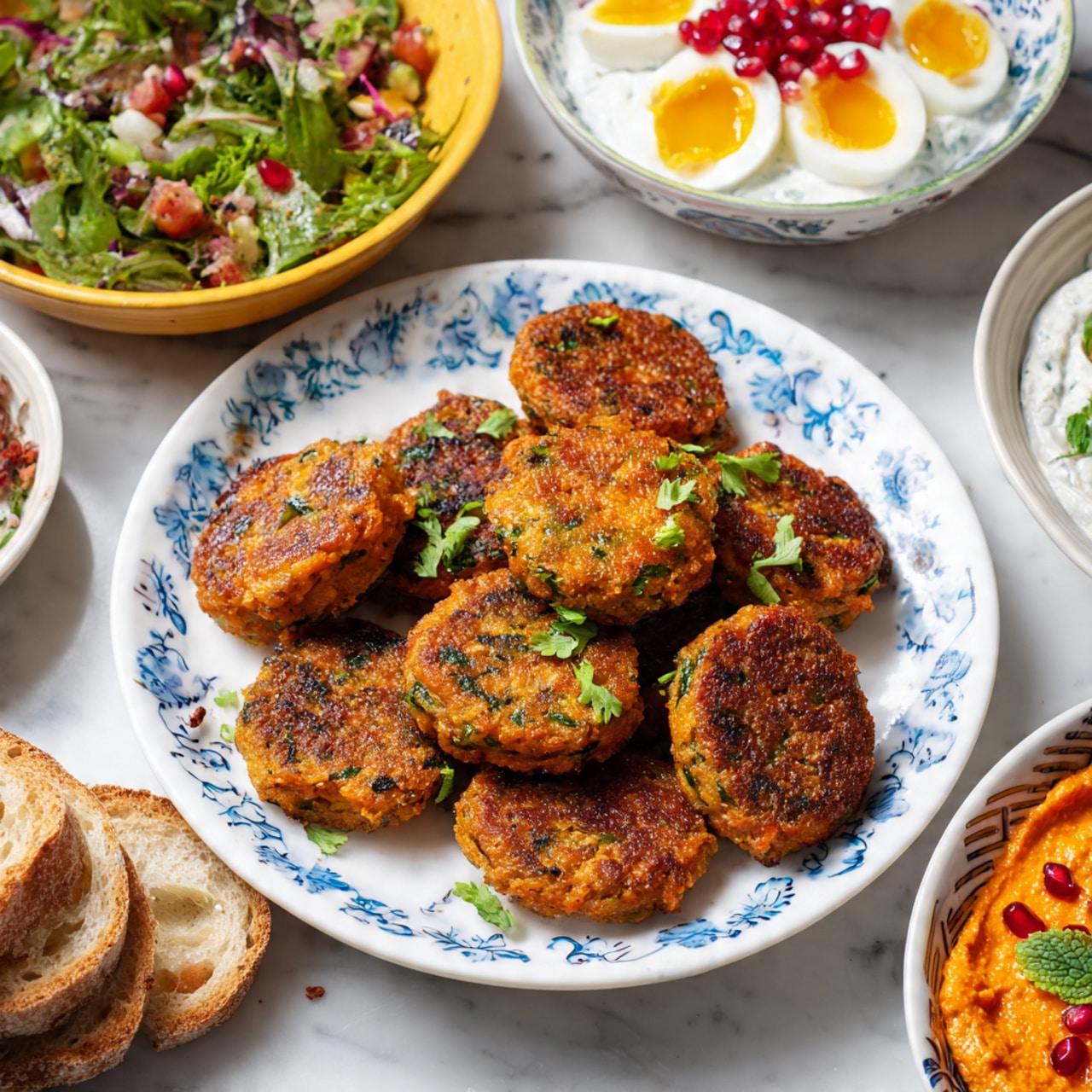 The image shows a white plate in the center filled with thirteen small, oval-shaped orange and green herb patties that have a rough texture and are evenly spaced. Behind it are a white patterned cloth with blue designs on the table and several dishes: to the upper left, a yellow bowl holding a mixed salad with greens, red pieces, and three halves of boiled eggs with bright yellow yolks on top. To the left of the salad bowl, there are slices of crusty bread with a golden-brown crust stacked against each other. To the upper right, a blurred white bowl holds a creamy white mixture garnished with a small green leaf in the center. On the far right, a small white plate contains an orange spread topped with bright red pomegranate seeds and green herbs. The background surface is a white marbled texture. photo taken with an iphone --ar 4:5 --v 7