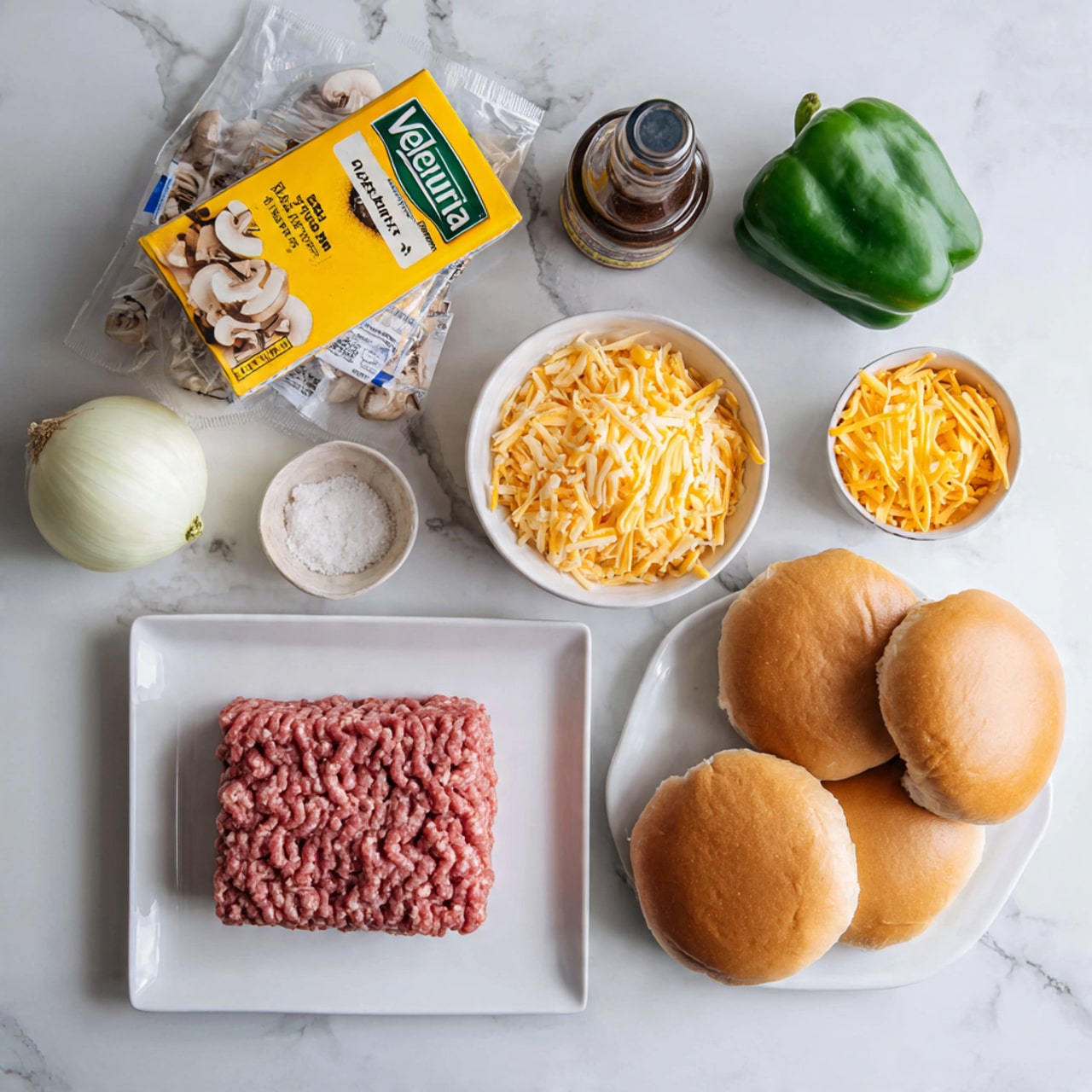 The image shows a white marble surface with various food ingredients neatly arranged. At the center bottom, there is a rectangular block of raw ground beef on a white plate. Above it, from left to right, are a white onion, a mushroom, and a small white bowl with salt. To the right of the onion and mushroom is a white bowl filled with shredded cheddar cheese. In the top right area, four round hamburger buns with crusty tops are grouped together. On the top left, there are three packaged ingredients: a yellow box of Velveeta cheese, a green bell pepper, and a packet of taco seasoning. Behind these is a dark bottle of Worcestershire sauce. The white marble background adds brightness to the colorful ingredients. photo taken with an iphone --ar 4:5 --v 7