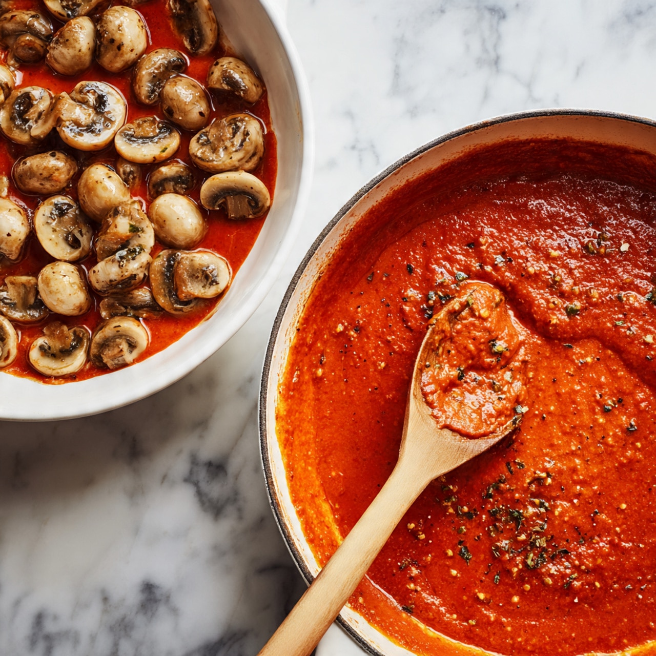 A close-up view of a large white pan on a white marbled surface filled with a thick, smooth red tomato sauce. On top, there is a layer of whole, small white mushrooms scattered evenly across the sauce. Next to it, another white pan shows the same mushrooms fully mixed into the sauce, now coating each mushroom in a rich, orange-red color. A wooden spoon with a smooth texture rests inside the pan, partially covered in sauce. The sauce’s texture looks thick and creamy, blending well with the mushrooms. Photo taken with an iphone --ar 4:5 --v 7