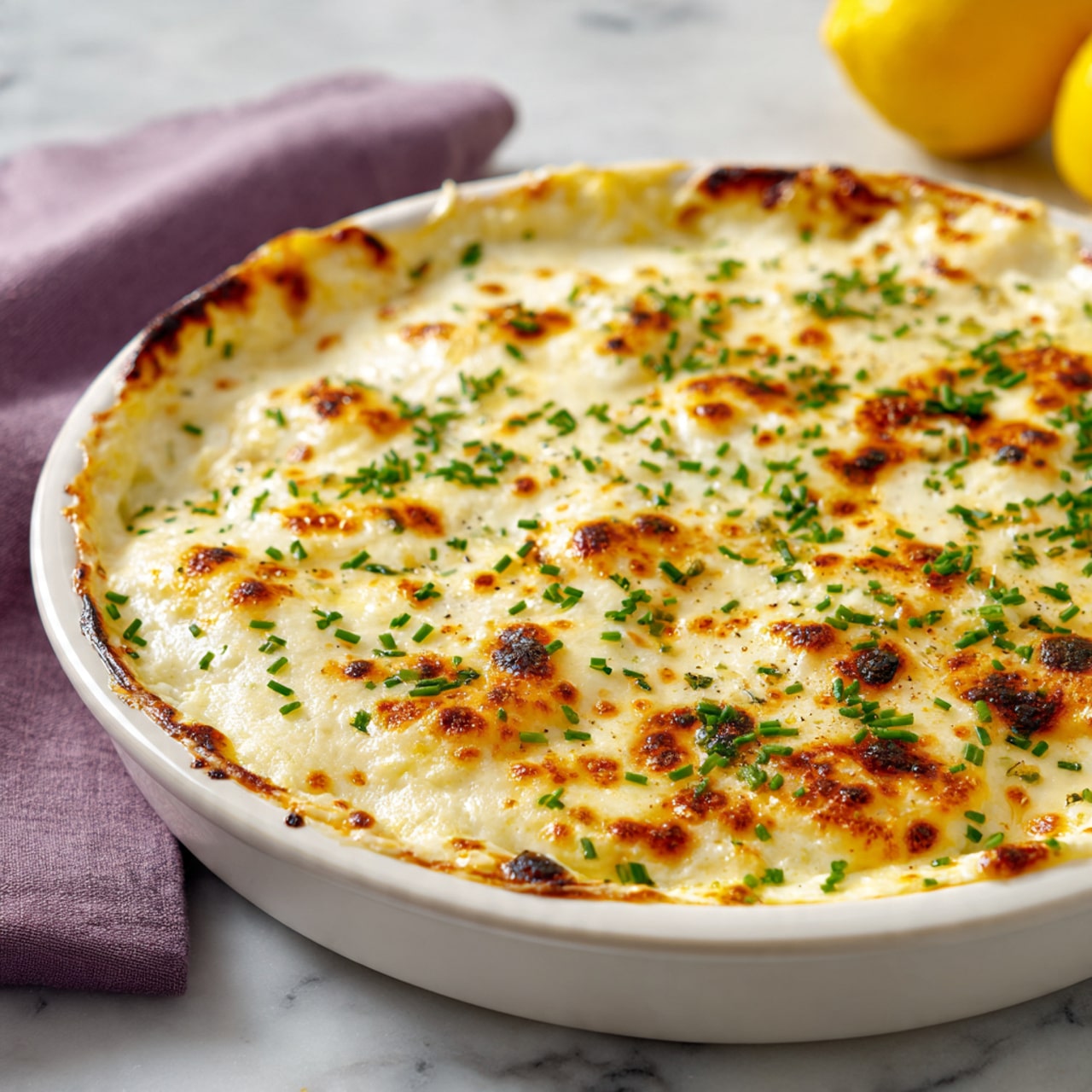 A round white dish is filled with a baked layer of creamy white cheese, slightly browned at the edges with small golden spots, and sprinkled evenly with small green chives on top. The dish sits on a white marbled surface, with a blurred bright yellow lemon and a purple cloth in the background. The cheese layer looks smooth and stretchy, covering the dish fully with a slightly bubbly texture. photo taken with an iphone --ar 4:5 --v 7