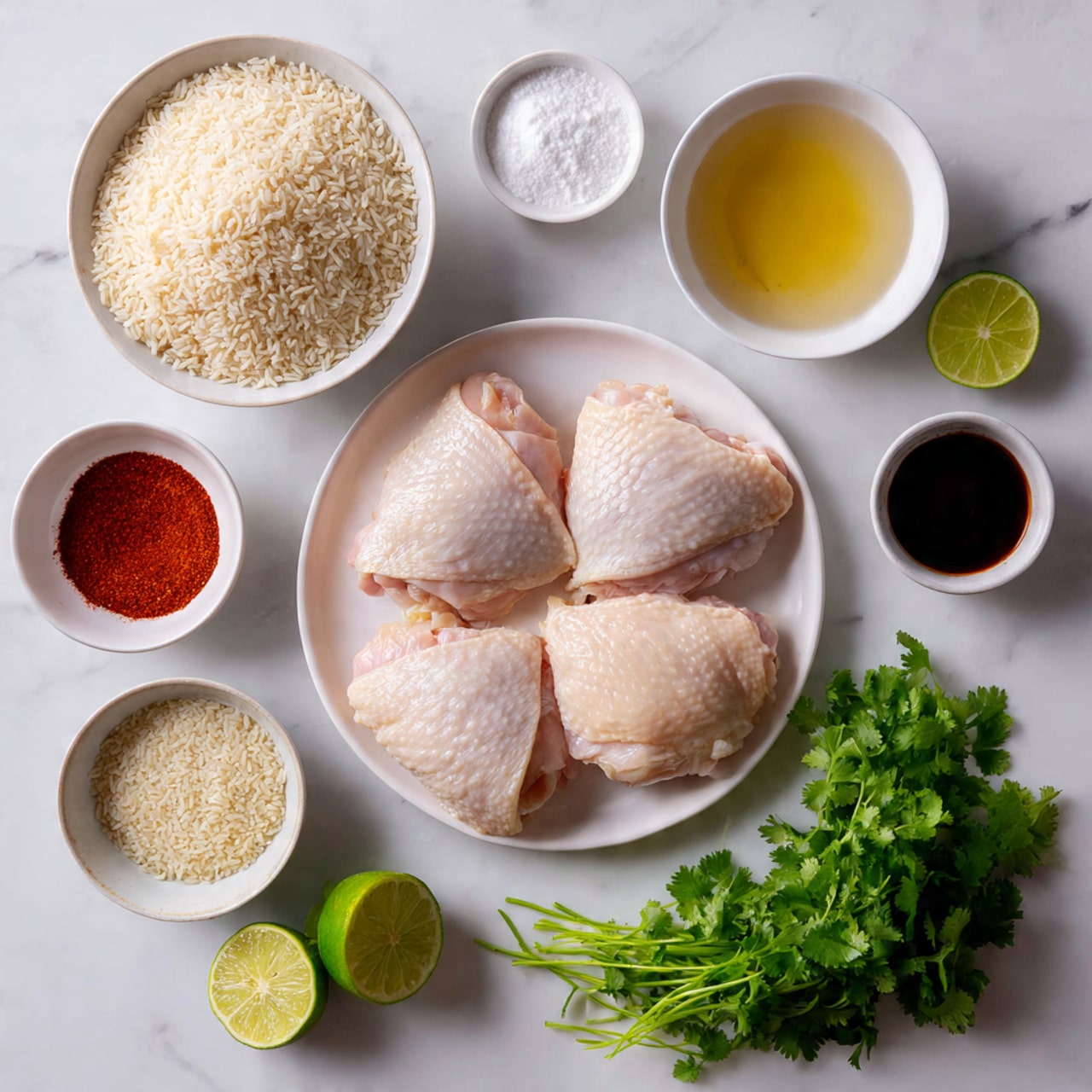 The image shows a top view of neatly arranged ingredients on a white marbled surface. At the center bottom, there is a round white plate with four raw pale pink chicken thighs. To the left, a small bowl of uncooked beige rice is placed. Around the chicken and rice, there are small white bowls containing different ingredients: one with a white powder, one with a milky white liquid, one with a dark brown sauce, one with a bright red powder, one with a light yellow liquid, and a bunch of fresh green cilantro leaves. Two lime halves with bright green skin and yellow-green insides are positioned near the cilantro. The whole layout is clean and colorful. Photo taken with an iphone --ar 4:5 --v 7