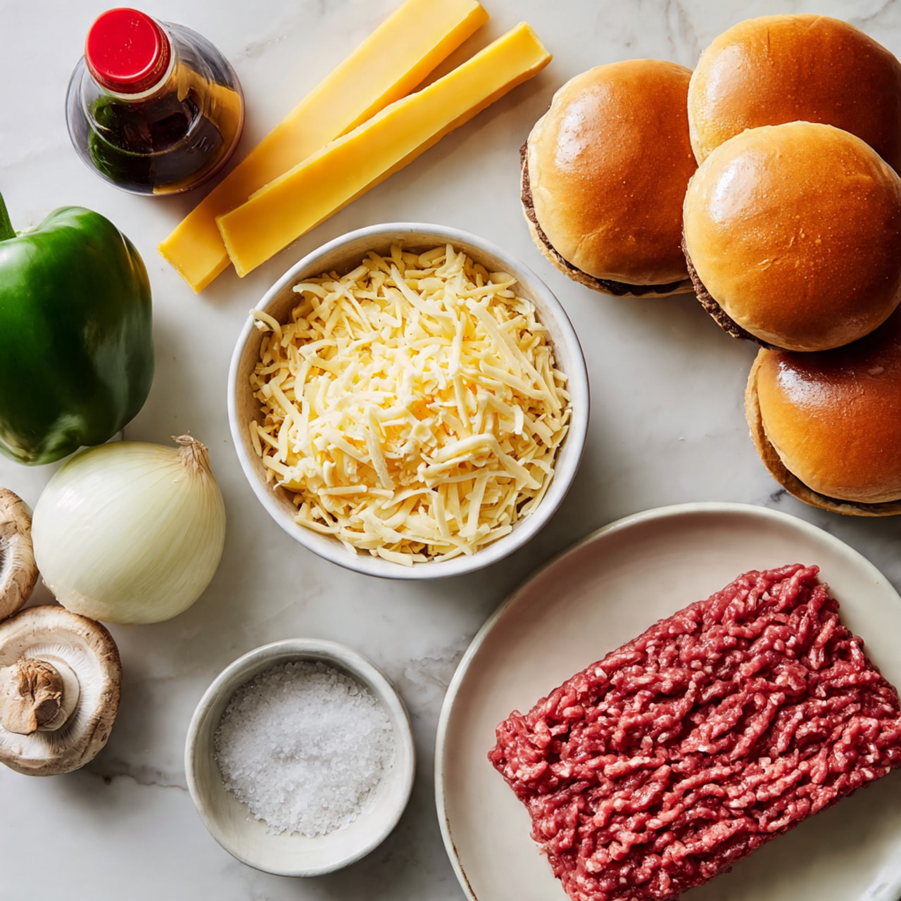 The image shows ingredients for a meal arranged on a white marbled surface. There are four golden brown sandwich burger buns stacked near the top right. To their left are yellow butter sticks and a dark glass bottle of sauce with a red cap. Below the buns is a white bowl filled with shredded cheddar cheese. Next to the cheese on the left is a green bell pepper, a yellow onion, and a white mushroom. Below these is a white plate with a flat rectangular shape of raw ground beef. There is also a small white bowl of salt near the bottom right. The whole scene is well lit with natural light. Photo taken with an iphone --ar 4:5 --v 7