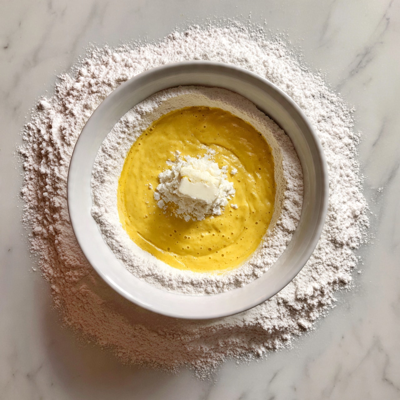 A white bowl filled with a yellow batter, partly surrounded by a white flour ring on the surface, with a small dollop of white butter or cream in the center, placed on a white marbled surface. Photo taken with an iphone --ar 4:5 --v 7