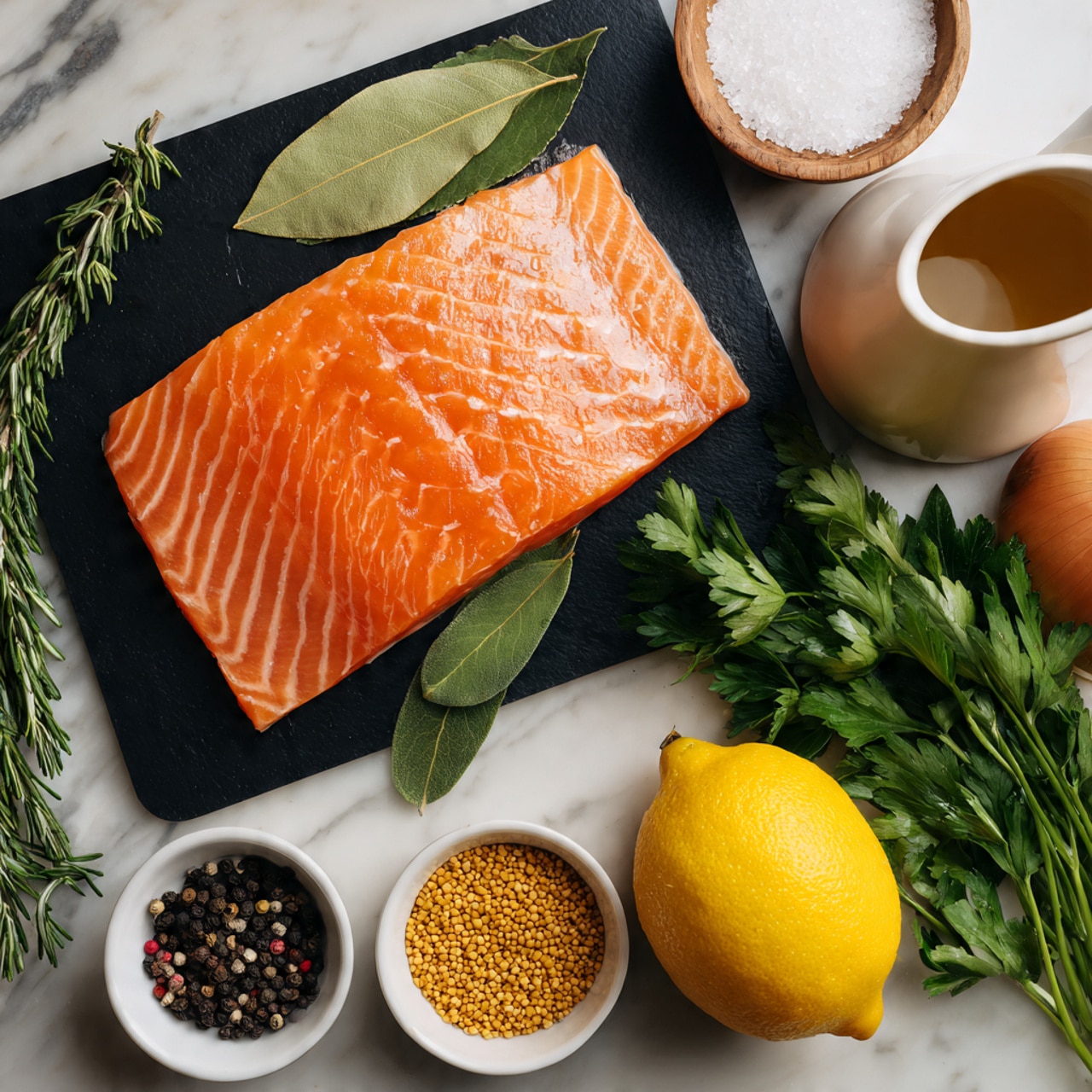 A fresh orange piece of salmon lies on a black cutting board in the center, showing its smooth texture and light white lines. Two green bay leaves sit just above the fish, while fresh green herbs, including rosemary and parsley, rest below it. On the right side of the board is a whole yellow onion with a light brown skin, and a large yellow lemon with a bumpy texture in front of the herbs. Small white bowls with black peppercorns and mustard seeds sit around the salmon. Above the cutting board, on a white marbled surface, there are two small bowls, one with coarse salt and the other with granulated sugar, and a white pitcher with a light brown liquid. Photo taken with an iphone --ar 4:5 --v 7