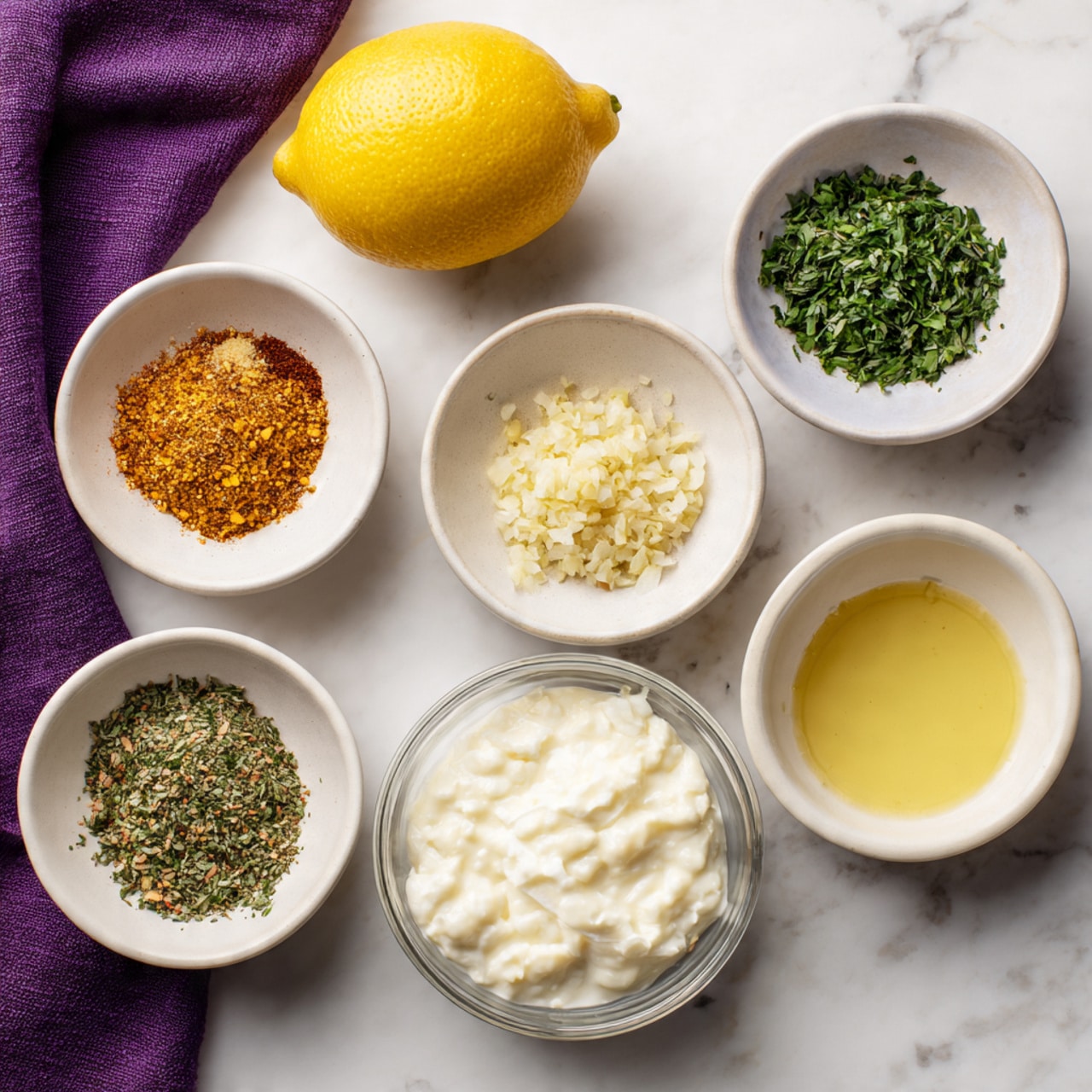 The image shows six white bowls arranged in three rows on a white marbled surface, with a lemon sitting next to the top left bowl and a deep purple cloth in the top left corner. The top row has a bowl of finely chopped green herbs on the right and a whole yellow lemon on the left outside the bowls. The middle row has a bowl on the left with two different spices, one orange and the other brown, and a bowl on the right with minced garlic that is pale yellow. The bottom row has two bowls next to each other with clear liquids, the left one light yellow and the right one golden yellow. Below all these bowls is a larger clear bowl filled with a white, creamy mixture. Photo taken with an iphone --ar 4:5 --v 7