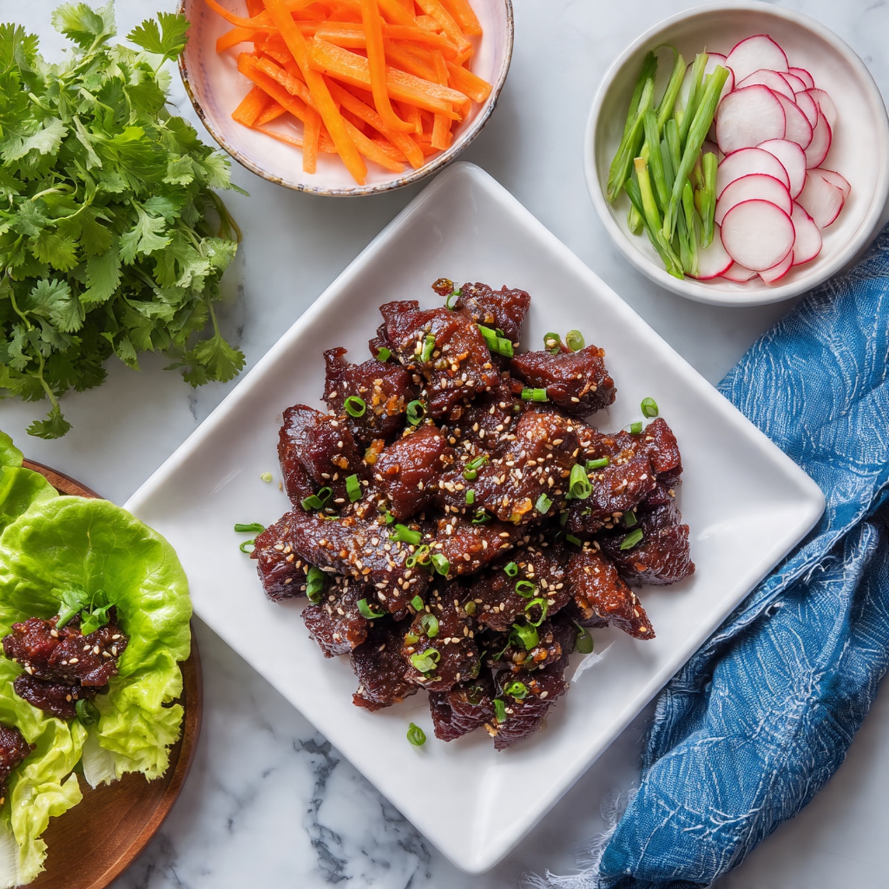 The image shows a white square plate filled with cooked slices of dark brown meat sprinkled with sesame seeds and small green herbs, placed on a white marbled surface. To the right, a small white bowl holds thinly sliced white and pink radishes, while fresh green onions lie next to it. Above on the left, a white bowl contains thin orange carrot strips, and near it is a pile of fresh, light green lettuce leaves. In the lower left corner, two lettuce leaves are topped with small portions of the cooked meat, carrot strips, and radish slices, arranged ready to eat. A bunch of fresh cilantro sits in the top left corner on the white marbled surface, with a blue cloth underneath the bowls. Photo taken with an iphone --ar 4:5 --v 7