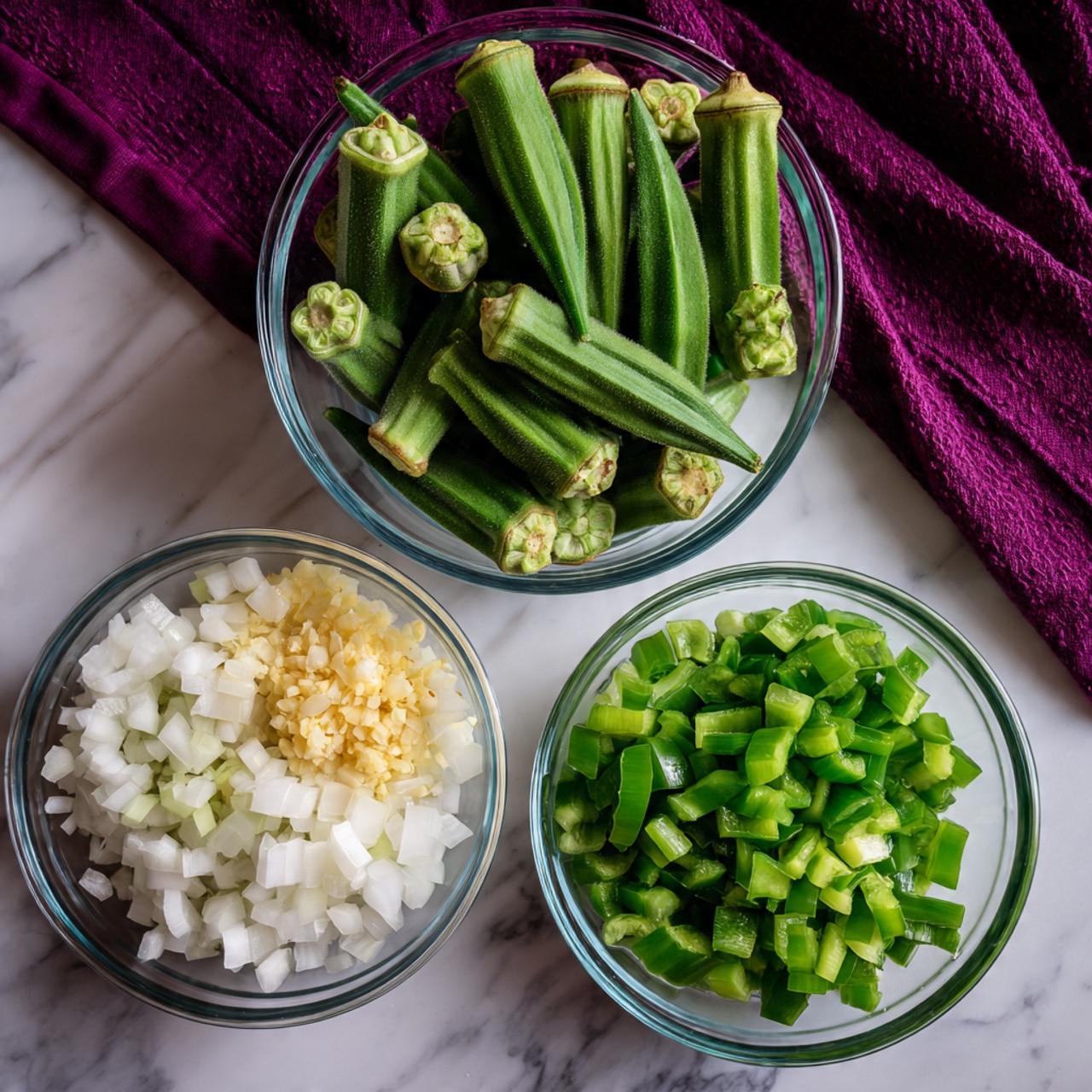 A clear bowl filled with fresh green okra standing upright in the center, surrounded by three smaller clear bowls placed in a triangle below it; the top left bowl contains finely chopped white onion with some light yellow minced garlic on top, the top right bowl holds chopped light green celery, and the bottom bowl has chopped dark green bell peppers. All bowls are set on a white marbled textured surface, with a deep purple cloth partly visible in the upper background. photo taken with an iphone --ar 4:5 --v 7