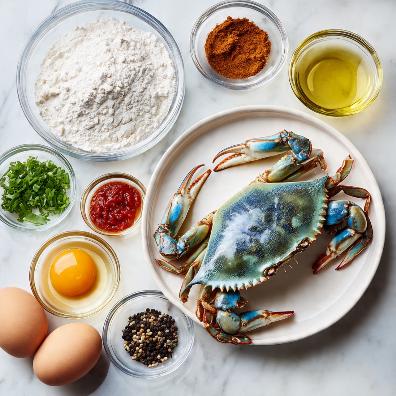 A white plate holds a whole raw crab with its blue and grey shell visible, placed on a wooden surface. Around the plate, small clear glass bowls are arranged in a loose circle, each containing different ingredients: a bowl with white flour, one with white liquid, a bowl with green chopped herbs, a red sauce in another bowl, a brown powder, a light brown powder, two cracked eggs, and a bowl of dark pepper seeds. The setting is on a white marbled surface. photo taken with an iphone --ar 4:5 --v 7