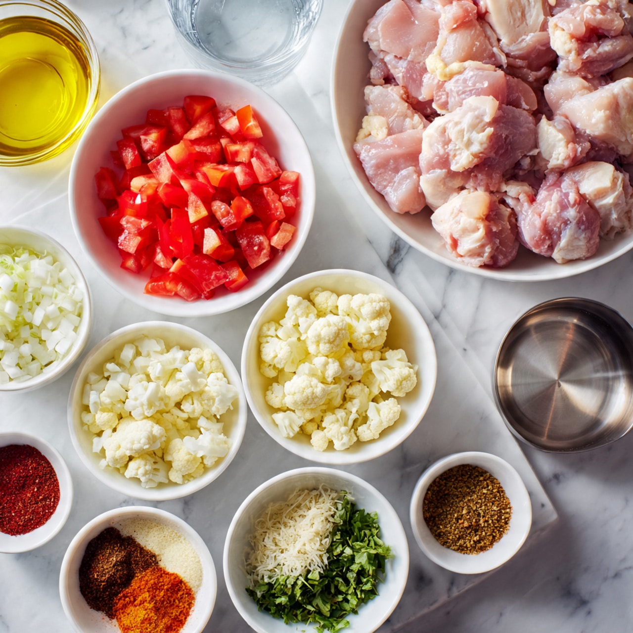 The image shows a white plate filled with separate small white bowls arranged neatly on a white marbled surface. The bowls contain colorful ingredients: diced bright red tomatoes, finely chopped white cauliflower, minced garlic, chopped green herbs, and various spices in small piles ranging from red to brown and orange hues. There is a larger bowl with raw, pale pink whole chicken pieces. Other elements include a small glass of clear water and a shiny metal container with oil. The whole display is clean and organized, ready for cooking preparation. Photo taken with an iphone --ar 4:5 --v 7