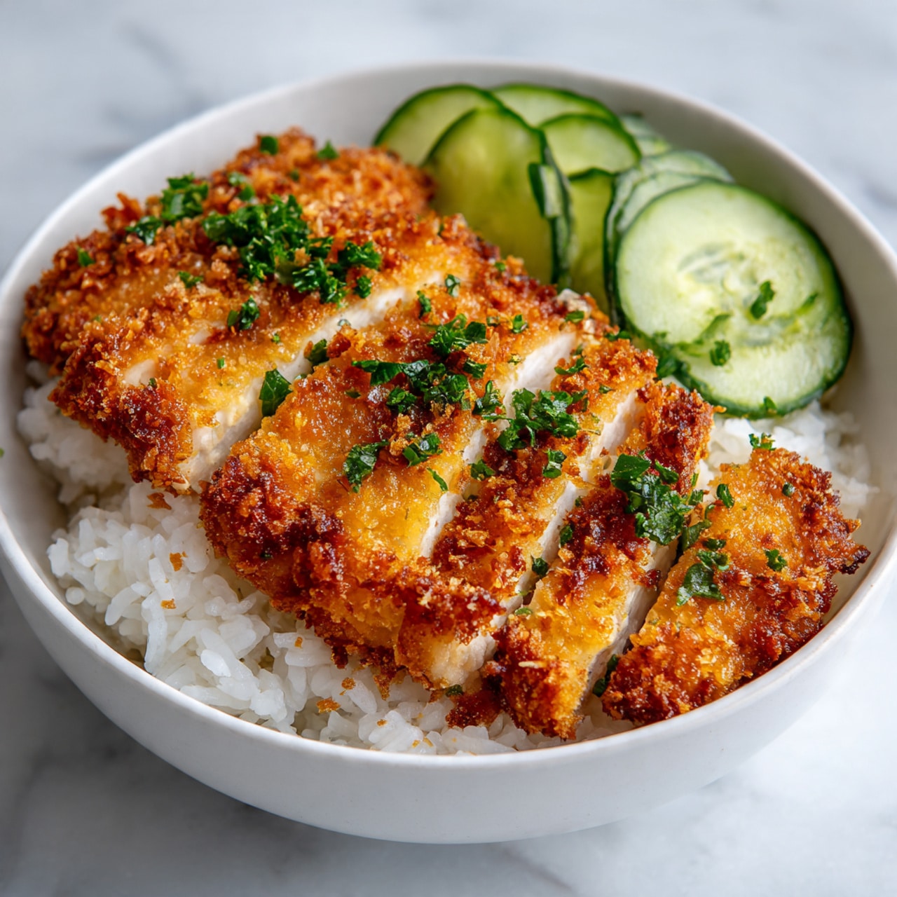 A close-up image shows a bowl with white rice on one side and several slices of crispy golden brown chicken arranged neatly on the other side. The chicken slices have a crunchy texture with bits of breadcrumbs visible, topped with small green chopped herbs. At the back of the bowl, thin slices of light green cucumber add freshness. The bowl is white and placed on a white marbled surface. photo taken with an iphone --ar 4:5 --v 7