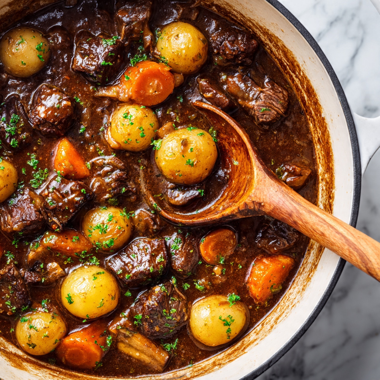 This image shows a close-up of a rich beef stew in a white pot. The stew has three main layers: dark brown beef chunks with a tender, slightly shiny texture, scattered evenly; bright orange carrot pieces, cut into thick rounds, spread throughout; and small, golden baby potatoes with a smooth surface, mixed in well. There are also sliced mushrooms with a soft, brownish color, adding variety. The stew is covered in a thick, glossy brown sauce that looks hearty and savory. Small green parsley bits are sprinkled on top, adding fresh color. A wooden spoon is scooping some of the stew, positioned on the right side, partly submerged in the sauce. The background is a white marbled surface. photo taken with an iphone --ar 4:5 --v 7