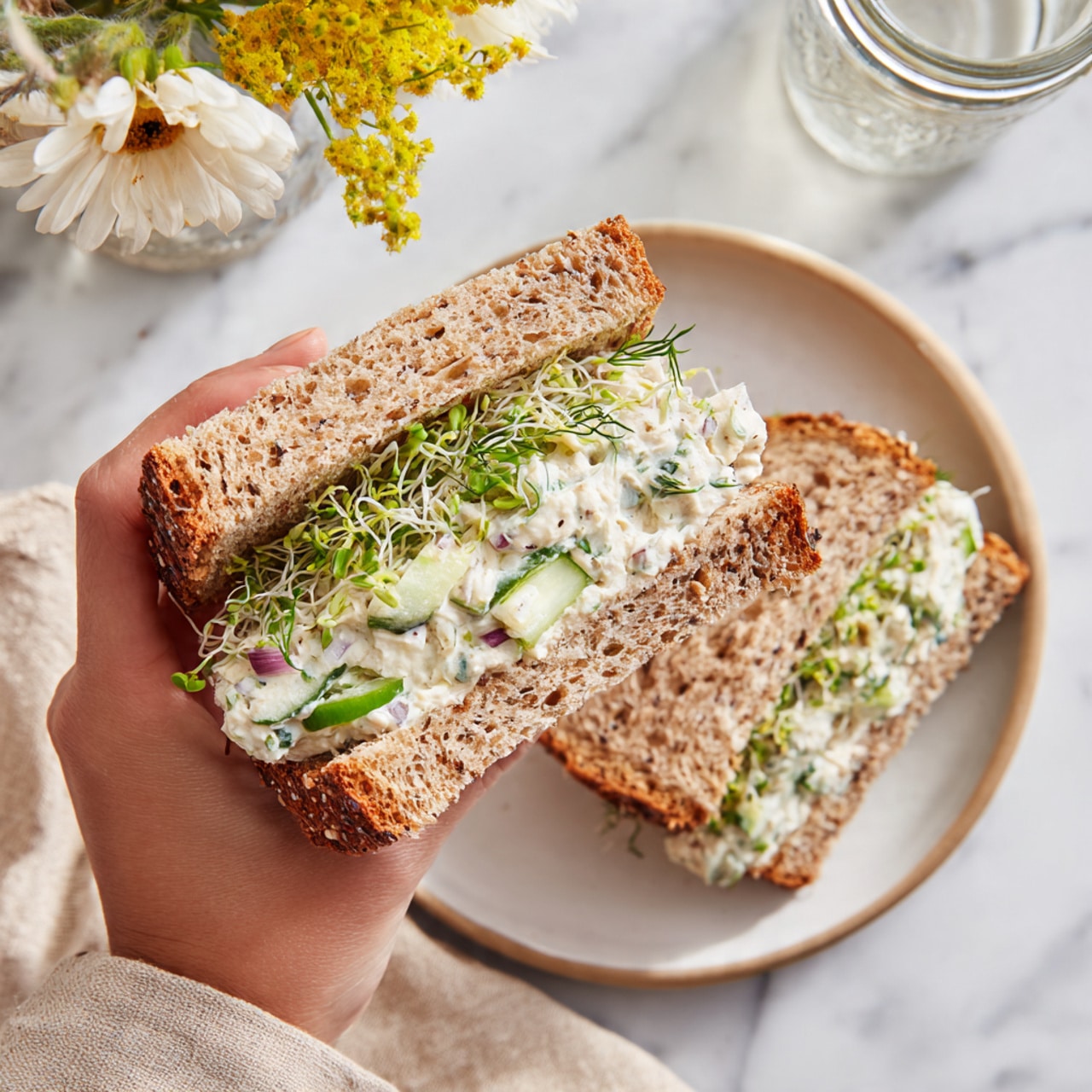 A woman's hand holds a sandwich made with two slices of brown bread with a rough texture, filled with a creamy white mixture that includes green cucumber slices, small purple onion pieces, and fresh green dill and sprouts. The sandwich is cut diagonally, showing the filling in a thick layer between the bread. The second half of the sandwich is placed on a white plate on a white marbled surface, with a beige cloth napkin nearby, a clear glass jar in the background, and a small vase with white and yellow flowers. photo taken with an iphone --ar 4:5 --v 7