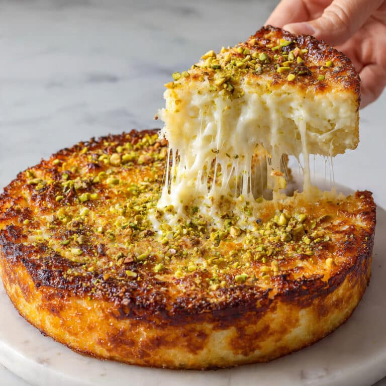 Knafeh: Middle Eastern Crispy Pastry with Cheesecake and Rose Syrup Recipe