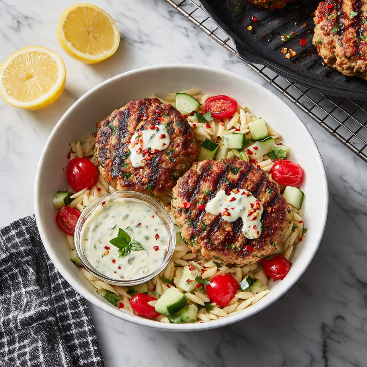 The image shows a white bowl filled with two grilled patties on top, each with a light creamy sauce and red chili flakes. Around the patties, there is a mix of bright red cherry tomatoes cut in half, chopped green cucumbers, and green olives. Underneath this mix, there is pale orzo pasta that fills the bowl’s base. A small glass cup with white sauce decorated with a small green leaf is placed near the bottom center of the bowl. On the left side, three lemon slices lean against the bowl’s edge. In the background on a white marbled surface, there is a black bowl containing the same tomato and olive mix and a grill rack with more patties resting on it. A black and white checked towel is visible in the front. Photo taken with an iphone --ar 4:5 --v 7