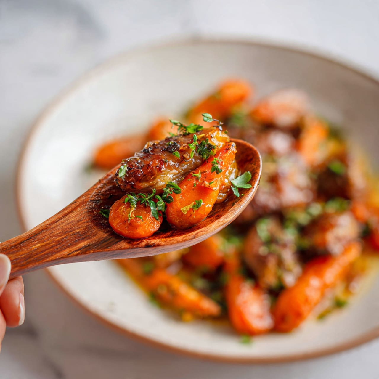 A wooden spoon held by a woman's hand shows a close-up scoop of cooked sweet orange carrots, a piece of browned meat with a glossy texture, and small light green chopped herbs sprinkled on top. Below the spoon, a white plate with more of the same dish is slightly out of focus on a white marbled surface. The colors are warm and vibrant with shades of orange, brown, and green. photo taken with an iphone --ar 4:5 --v 7