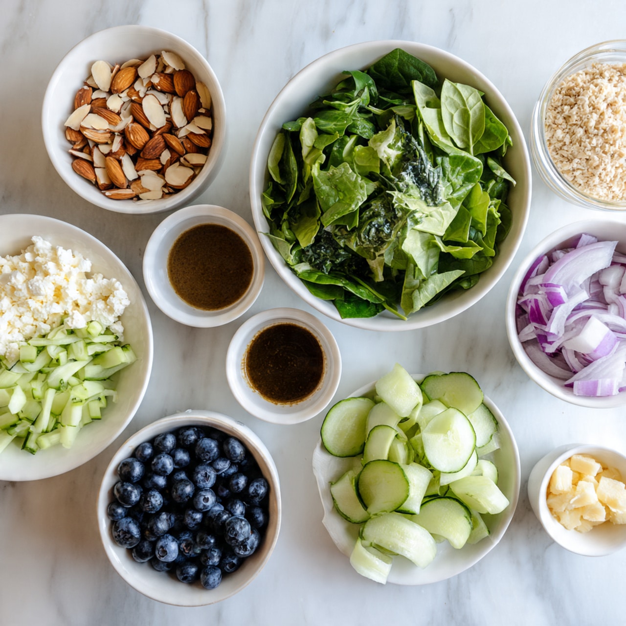 The image shows a top view of several white bowls and a white plate on a white marbled surface, each holding different ingredients for a salad. The largest white bowl in the center is filled with two types of green leafy vegetables, including spinach and other mixed greens, with dark and bright green textures. To the top left, a small white bowl contains chopped almonds, showing rough brown and cream pieces. Below it, a medium white bowl holds a dark brown dressing with a smooth, liquid texture and specks of seasoning. To the bottom left, another medium white bowl has round, plump dark blue blueberries. Below the large bowl, a white plate is filled with thin, light green ribbon-like strips of cucumber. To the right of the cucumber, two small white bowls sit side by side, one with thin, pale purple onion slices and the other with a grainy, light brown cooked grain. Above these bowls, there is crumbled white cheese scattered on the surface. The whole scene is neatly arranged with bright natural light enhancing the fresh colors. Photo taken with an iphone --ar 4:5 --v 7