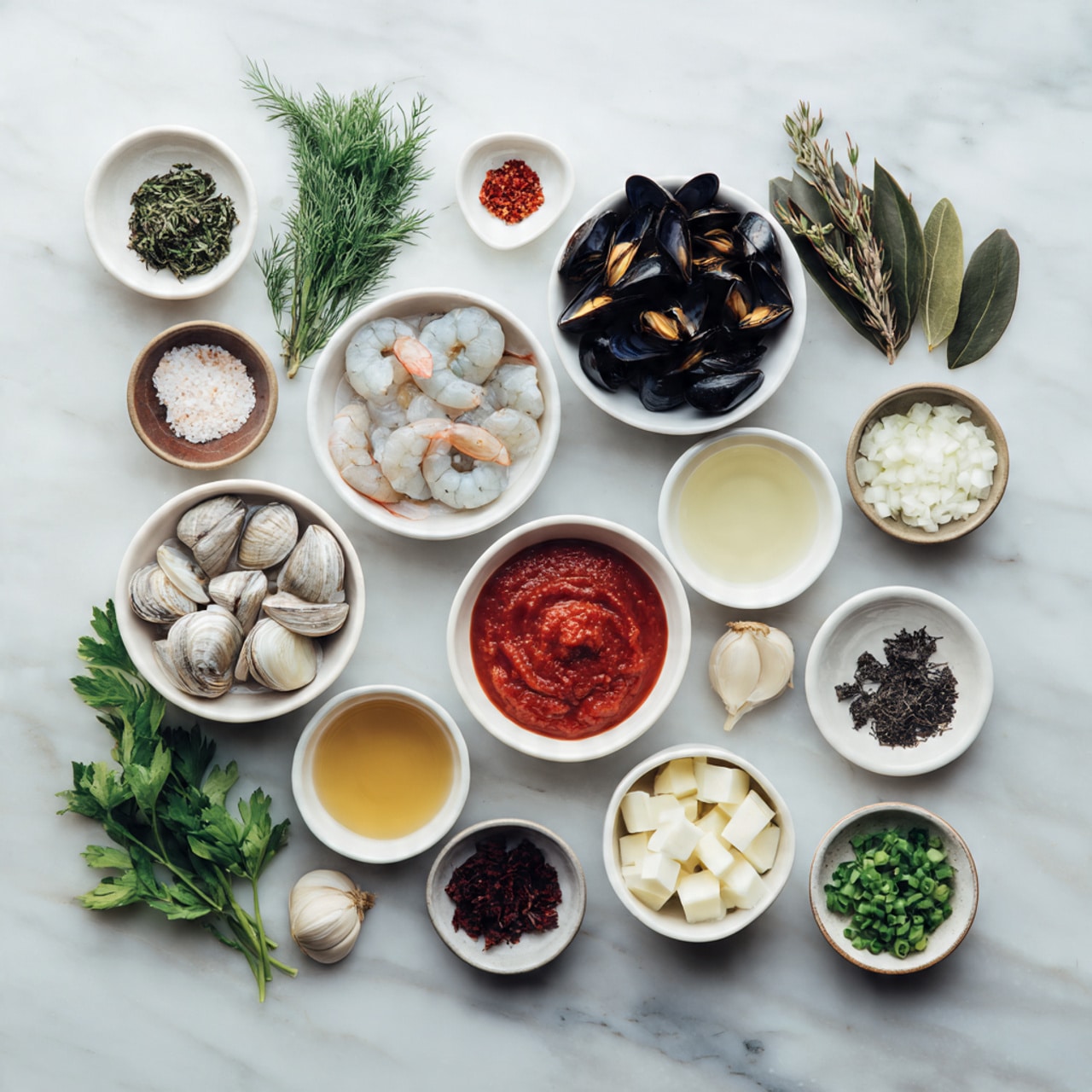 The image shows many white bowls and small dishes with different ingredients on a white marbled surface. From top left to bottom right: a small green herb bunch, a small dish with red seasoning and salt, an empty white bowl, a white bowl with dark shelled mussels, a white bowl with light liquid, a white bowl with light golden liquid, a white bowl with white fish pieces, a white bowl with raw shrimp, a white bowl with small white clams, a small bowl with chopped onions, a small bowl with chopped green veggies, a small bowl with minced garlic, a small bowl with butter cubes, a white bowl filled with red tomato sauce, a small dish with green bay leaves, a small dish with fennel seeds, a small bowl with chopped shallots, a small bowl with dark red paste, and a bunch of fresh parsley. The items are neatly arranged and spaced out evenly. photo taken with an iphone --ar 4:5 --v 7