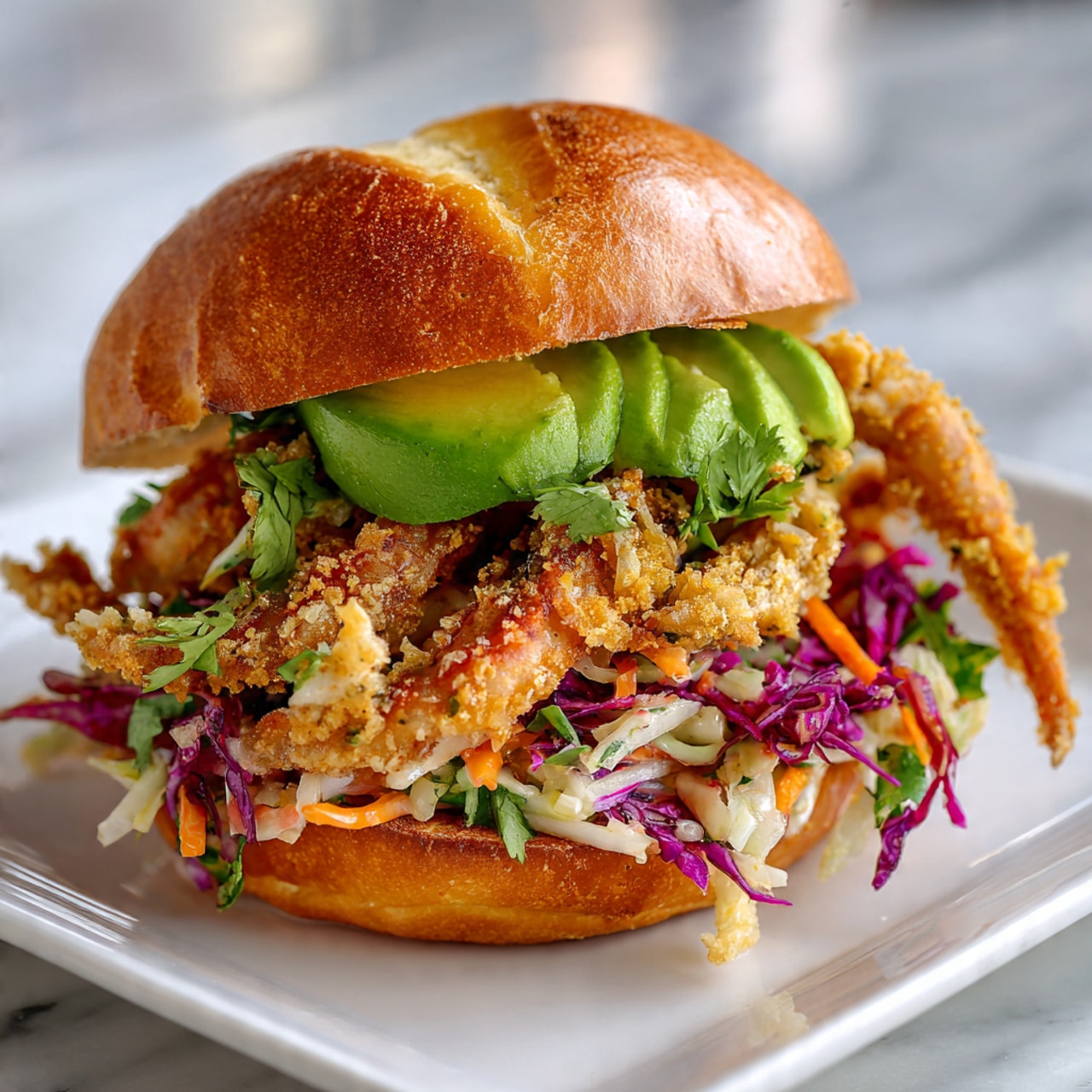 A soft shiny golden-brown hamburger bun tops a layered sandwich. Under the top bun, there are fresh green avocado slices arranged in a row. Below that, a large fried soft shell crab with a crunchy, golden texture and extended legs surrounds the sandwich. Beneath the crab, there is a colorful mix of shredded vegetables including cabbage, carrots, and purple leaves with some green herbs tossed in. The base is a toasted bun sitting on a white plate resting on a white marbled surface. Photo taken with an iphone --ar 4:5 --v 7