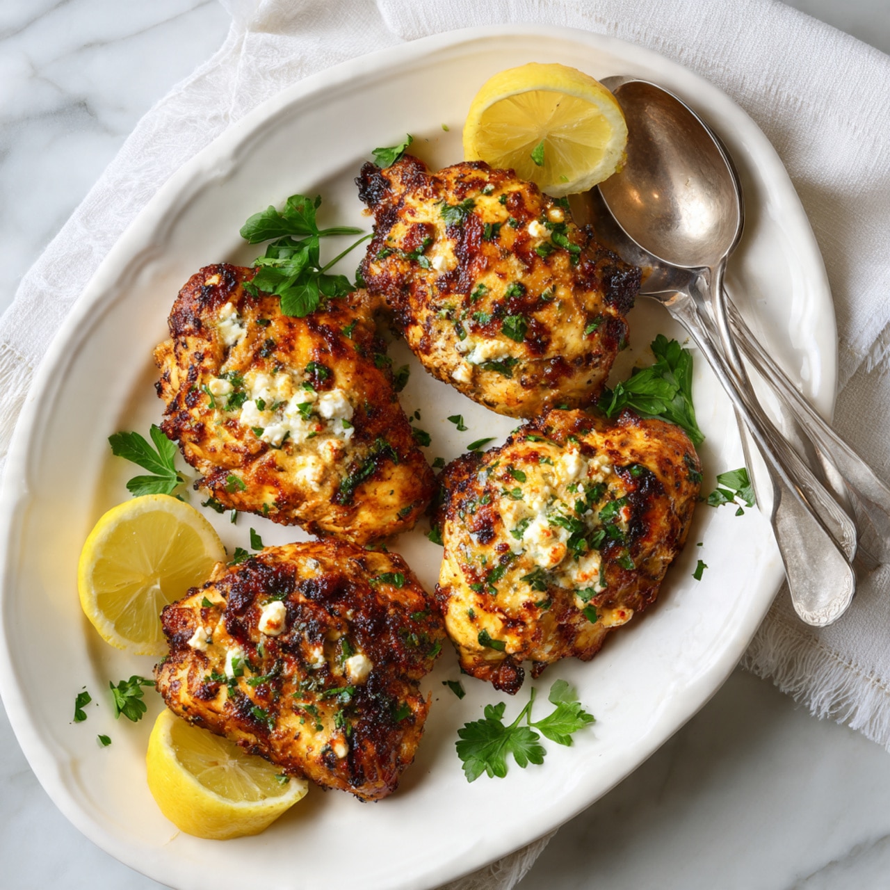 A white oval plate holds four golden brown grilled chicken pieces with a slightly charred texture. Small white crumbs of cheese are scattered on top along with bright green parsley leaves. Three lemon wedges with a pale yellow color are placed around the chicken. A silver fork and spoon rest on the top right edge of the plate. The whole setting sits on a white marbled surface with a white cloth napkin partly visible in the top right corner. photo taken with an iphone --ar 4:5 --v 7