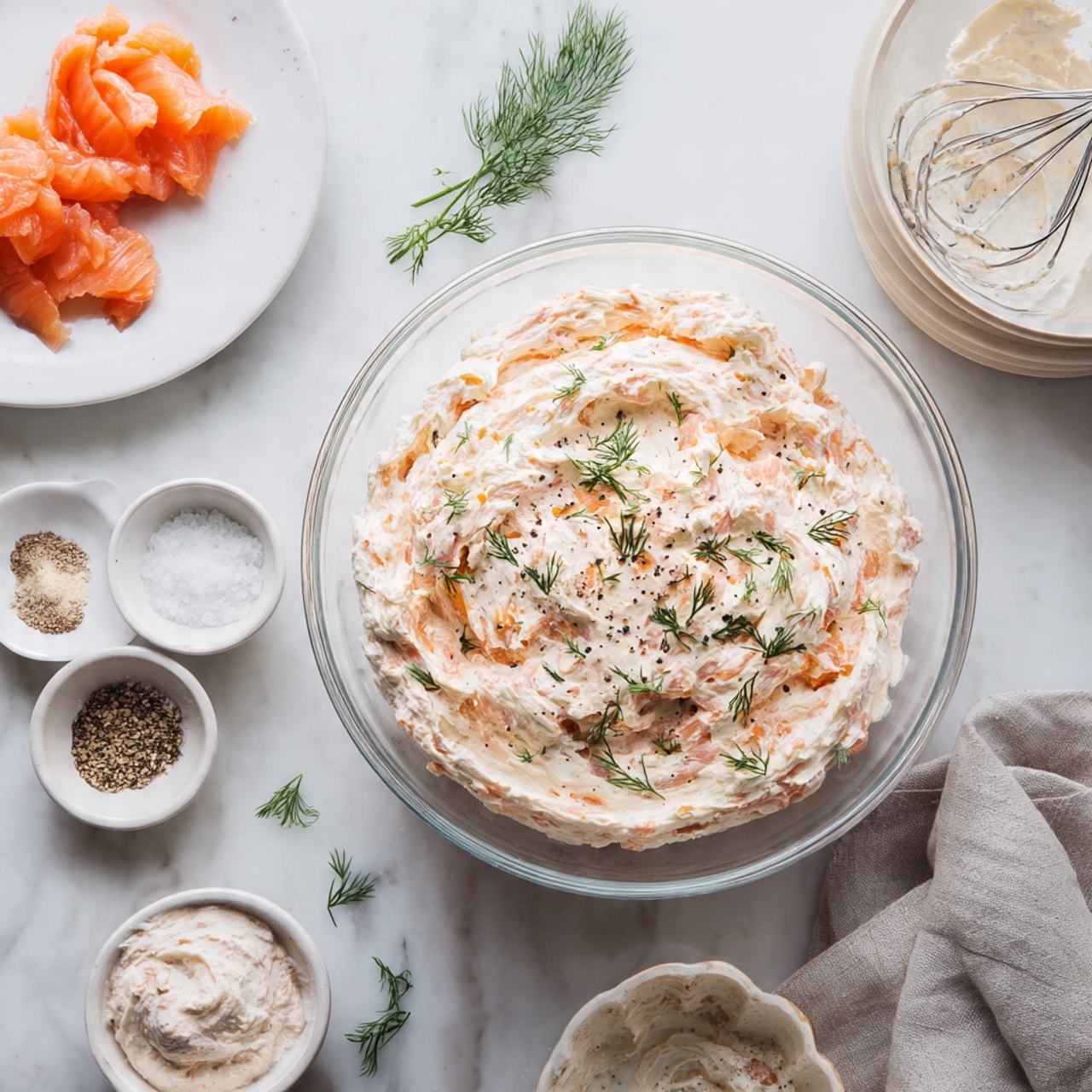 The image shows a creamy salmon spread in a clear glass bowl with two visible layers: a lighter cream base layer on the bottom and a thicker light pink salmon mixture on top, sprinkled with fresh green dill and cracked black pepper. Around this centerpiece, there are smaller images: one with three small portions of fresh orange salmon on a white plate next to small white bowls of salt and minced garlic; another showing a light creamy mixture in a white bowl with a whisk beside it on a white marbled surface; a third image displays two textured dips in white and dark bowls, one creamy white and the other a pale pink; and the last picture shows the creamy salmon mixture inside a clear glass food processor bowl with small white bowls of salt and dill nearby. The entire collage rests on a soft white marbled surface with a neutral light grey cloth casually placed in some spots photo taken with an iphone --ar 4:5 --v 7