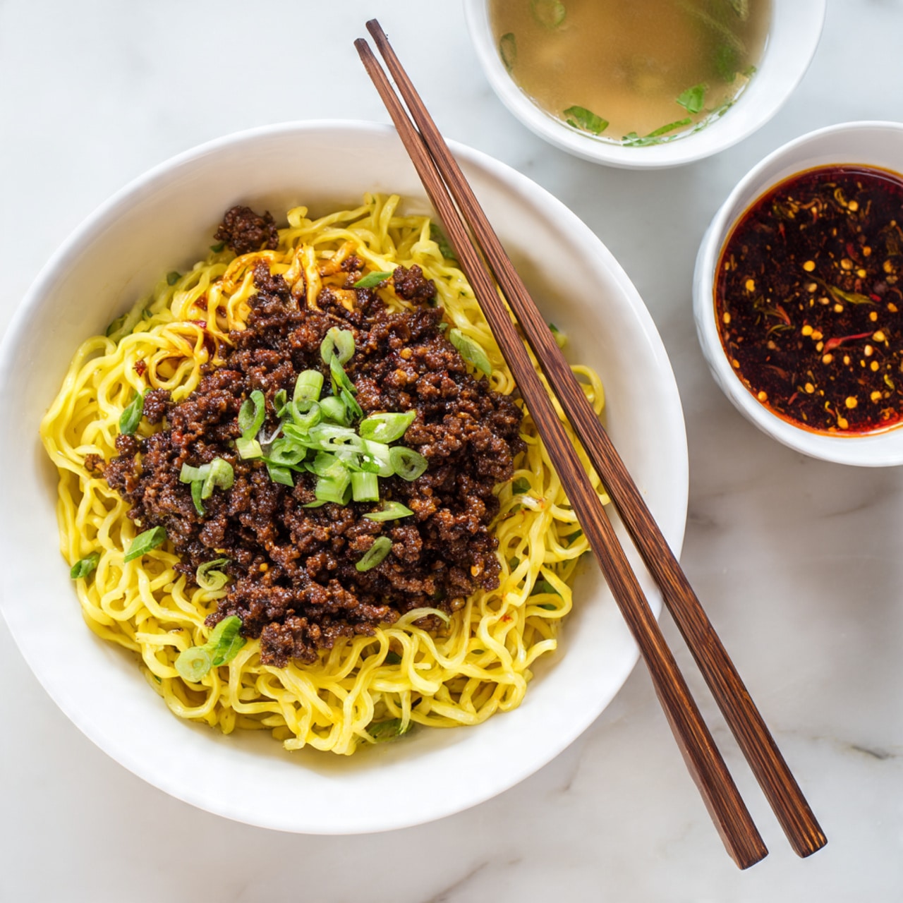 A white bowl filled with yellow noodles sits on a white marbled surface. On top of the noodles is a thick layer of dark brown minced meat mixed with chili sauce, giving a shiny and slightly oily texture. Fresh green sliced scallions are scattered on the meat, adding a pop of color and freshness. A pair of wooden chopsticks rest on the edge of the bowl. In the background, there are two white bowls: one with a dark red chili sauce with seeds visible, and the other with a lighter broth. photo taken with an iphone --ar 4:5 --v 7