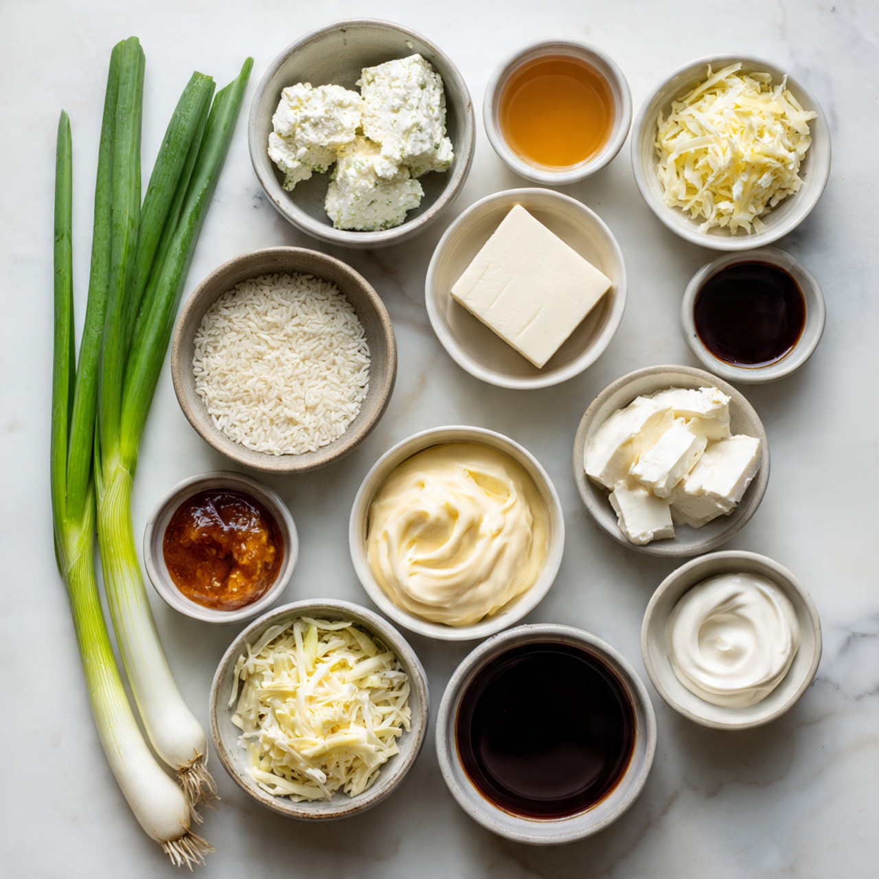 The image shows eleven small white and gray bowls arranged on a white marbled surface, each holding different ingredients: three green onions with long, firm green stalks and pale tips lie diagonally in the top left corner; the bowls hold a soft white cheese with a crumbly texture, a smooth cream cheese, a firm block of white cheese, shredded pale yellow cheese, cooked white grains, a dark brown liquid, a small amount of pale yellow sauce, a reddish-brown sauce, a swirl of white cream, and two other dark liquids in small round bowls. The setup is neat with each bowl spaced evenly, highlighting the colors and textures of the components photo taken with an iphone --ar 4:5 --v 7