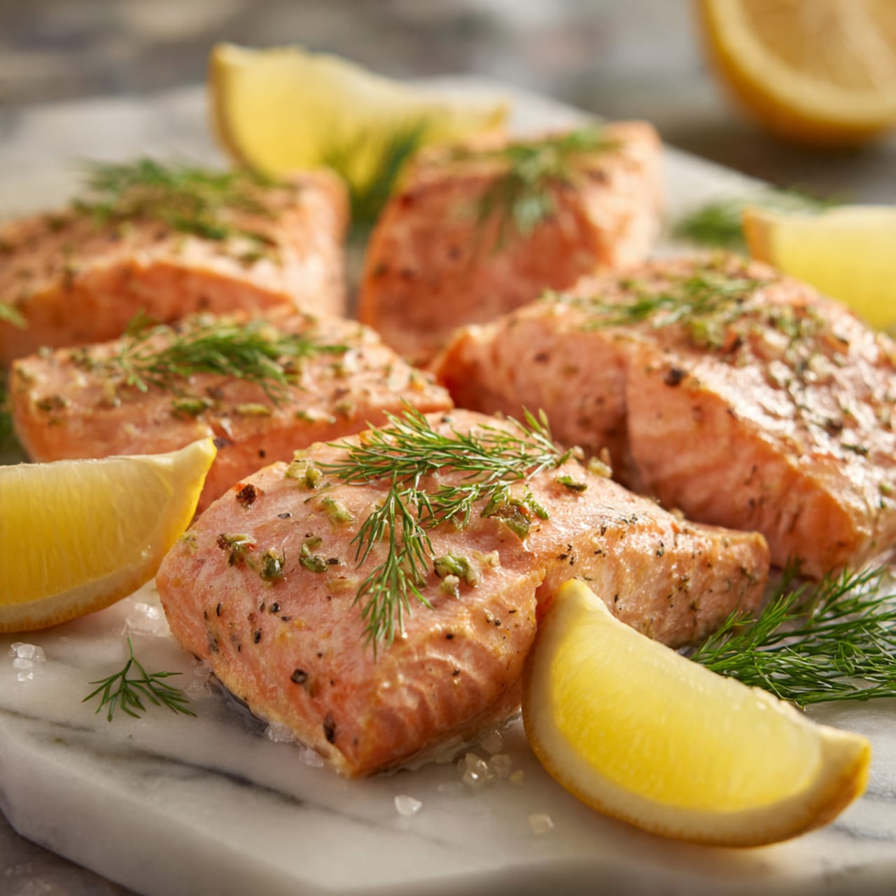 The dish shows several pieces of cooked salmon with a soft pink color and a slightly shiny, moist texture on a white marbled surface. Each salmon piece is garnished with small green dill leaves scattered on top. Around the salmon, there are thin slices of yellow lemon placed in between and on the sides, adding bright yellow color and a fresh look. The salmon pieces are close together, filling the frame nicely. Photo taken with an iphone --ar 4:5 --v 7