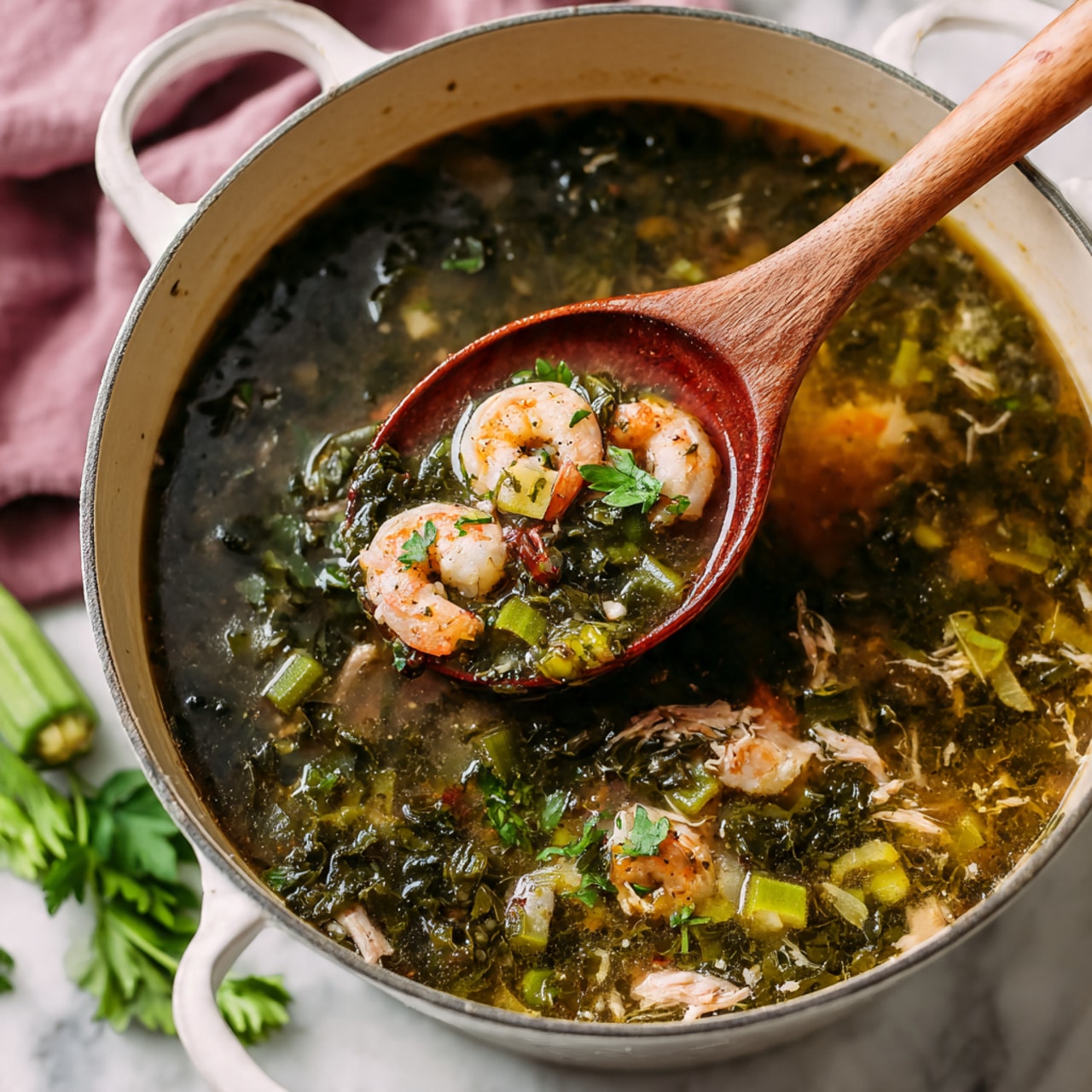 A white pot filled with dark green leafy soup that has chunks of green okra and pieces of light pink shrimp and light brown shredded meat. A wooden spoon is lifting some shrimp, okra slices, and meat from the broth, which is a clear brownish color. The pot is on a white marbled surface, with fresh green okra and a purple cloth in the background. Photo taken with an iphone --ar 4:5 --v 7