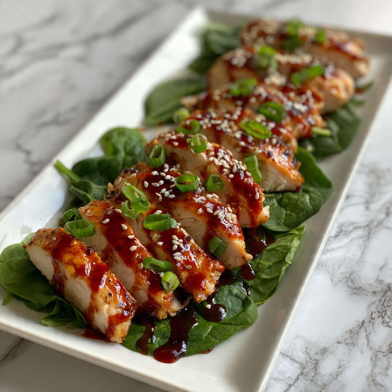 The image shows a white rectangular plate with sliced grilled chicken pieces arranged neatly on a bed of fresh green spinach leaves. The chicken is glazed with a shiny dark red sauce and sprinkled with white sesame seeds and small bits of chopped green onions. The background is a white marbled surface. The photo taken with an iphone --ar 4:5 --v 7