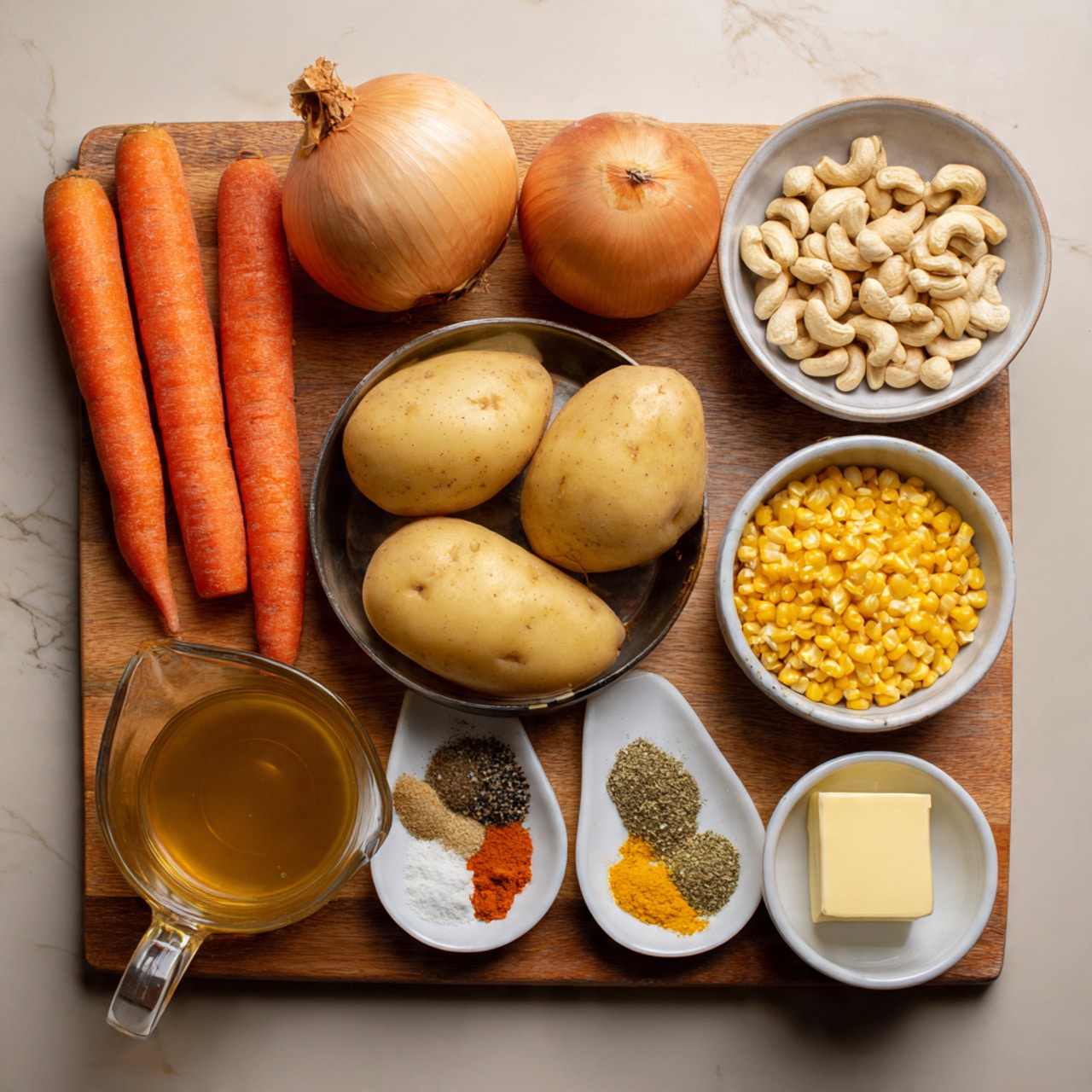 The image shows a wooden cutting board with various cooking ingredients neatly placed on it. At the bottom center, there is a metal bowl filled with bright yellow corn kernels. Above the corn are three pale, oval potatoes with smooth skin. To the left of the potatoes, two whole orange carrots and one brown onion rest horizontally. A glass measuring cup filled with a golden-brown liquid is placed near the bottom left. On the top right, a white bowl holds whole cashew nuts, and below it, another white bowl contains yellow nutritional yeast flakes. Next to the cashews is a small white bowl with a mix of four spices in separated sections, showing colors like orange, black, white, and green. Near the bottom right, a small white dish holds a square of butter. Photo taken with an iphone --ar 4:5 --v 7