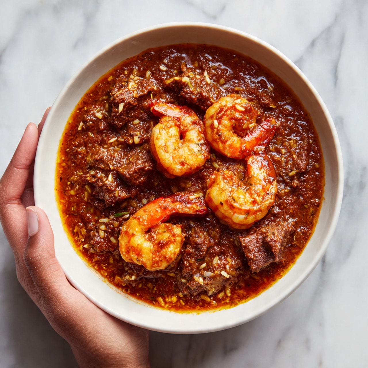 The image shows a white bowl filled with a thick, reddish-brown stew. The stew has visible pieces of shrimp with a pinkish-orange color, along with chunks of brown meat and some white grains, likely rice, scattered throughout the sauce. The surface underneath is a white marbled texture, and a woman's hand is gently holding the bowl on one side. photo taken with an iphone --ar 4:5 --v 7
