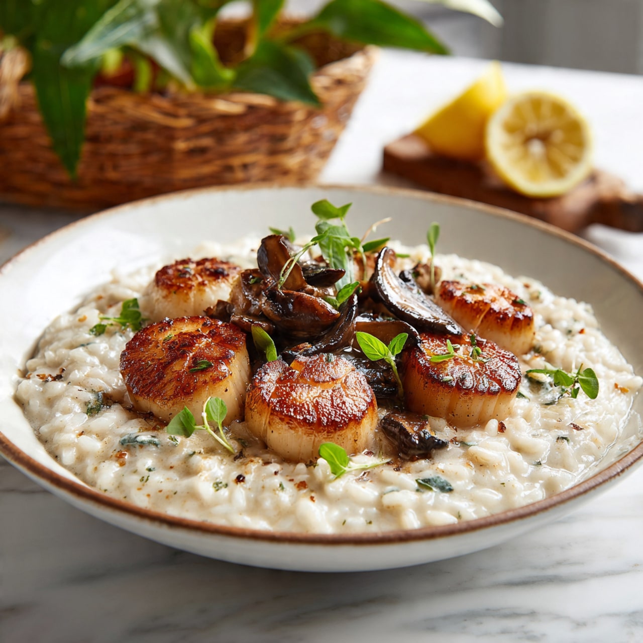 A white plate holds a creamy risotto base speckled with small pieces of mushrooms, creamy and slightly textured, covering the entire surface of the plate. On top are arranged several golden-brown seared scallops with a slightly crispy edge and tender centers, placed centrally in a small cluster. Dark, glossy mushroom slices are scattered over and around the scallops, adding a rich contrast in color and texture. Small green herb leaves are sprinkled lightly over the dish to add color and freshness. The plate sits on a white marbled surface, and a basket of green leaves and a lemon half are softly blurred in the background. Photo taken with an iphone --ar 4:5 --v 7