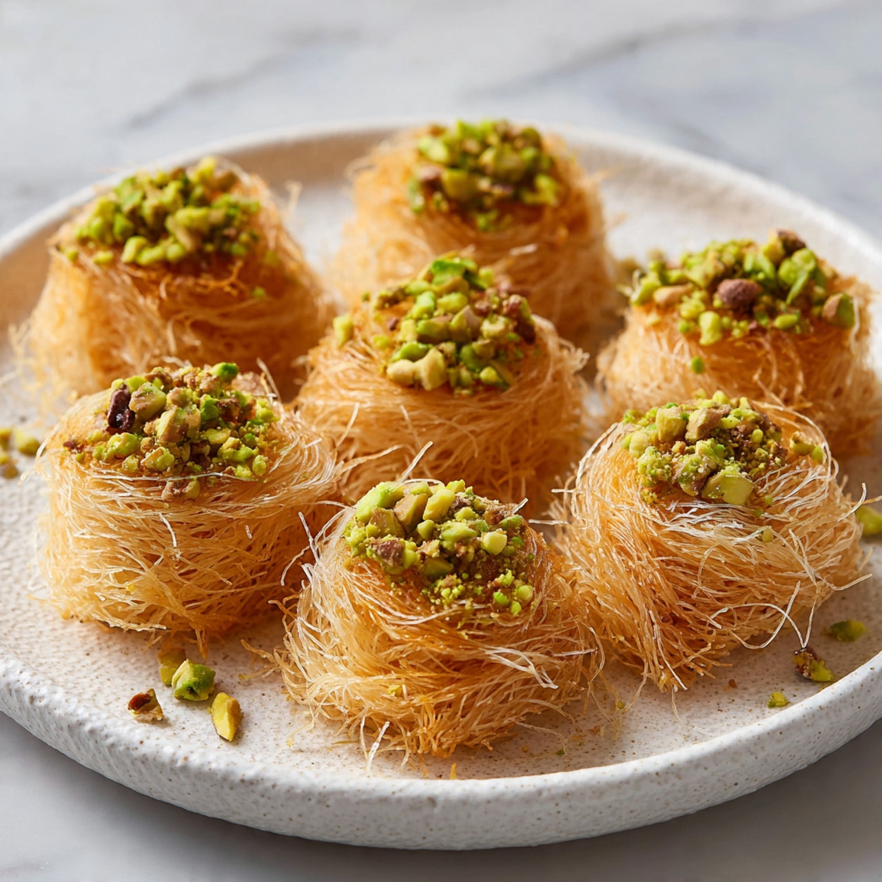 The image shows several rolled, thin strands of golden-brown crispy pastry arranged closely on a white plate with a textured surface. Each piece is topped with a small heap of crushed green pistachios, adding a pop of color and texture contrast to the light, airy layers of pastry. The fine, thread-like pastry strands create a delicate, wispy look with some darker toasted spots for visual interest. The plate sits on a white marbled surface, giving a clean and elegant background. photo taken with an iphone --ar 4:5 --v 7