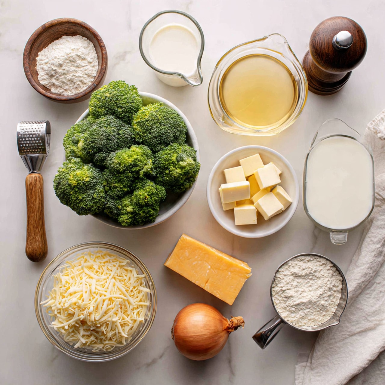 The image shows several ingredients neatly arranged on a white marbled surface. In the center, there is a white bowl full of fresh, green broccoli florets. To the top right, a clear glass measuring cup holds a light golden broth, and below it is another clear glass jug with creamy white milk. On the lower right side, a small white bowl contains several cubes of pale yellow butter. Alongside the butter are a carrot and a whole yellow onion placed horizontally. Near the onion, a small white dish with one nutmeg seed sits to the left, and directly below is a glass bowl filled with a heap of shredded cheese that is pale yellow with a soft texture. Close to the cheese, there is a metal measuring cup with a wooden handle filled with white flour. On the upper left side, a dark wooden bowl contains coarse white salt, and behind that is a tall pepper grinder. A white cloth is spread partially on the lower right corner of the surface. Photo taken with an iphone --ar 4:5 --v 7