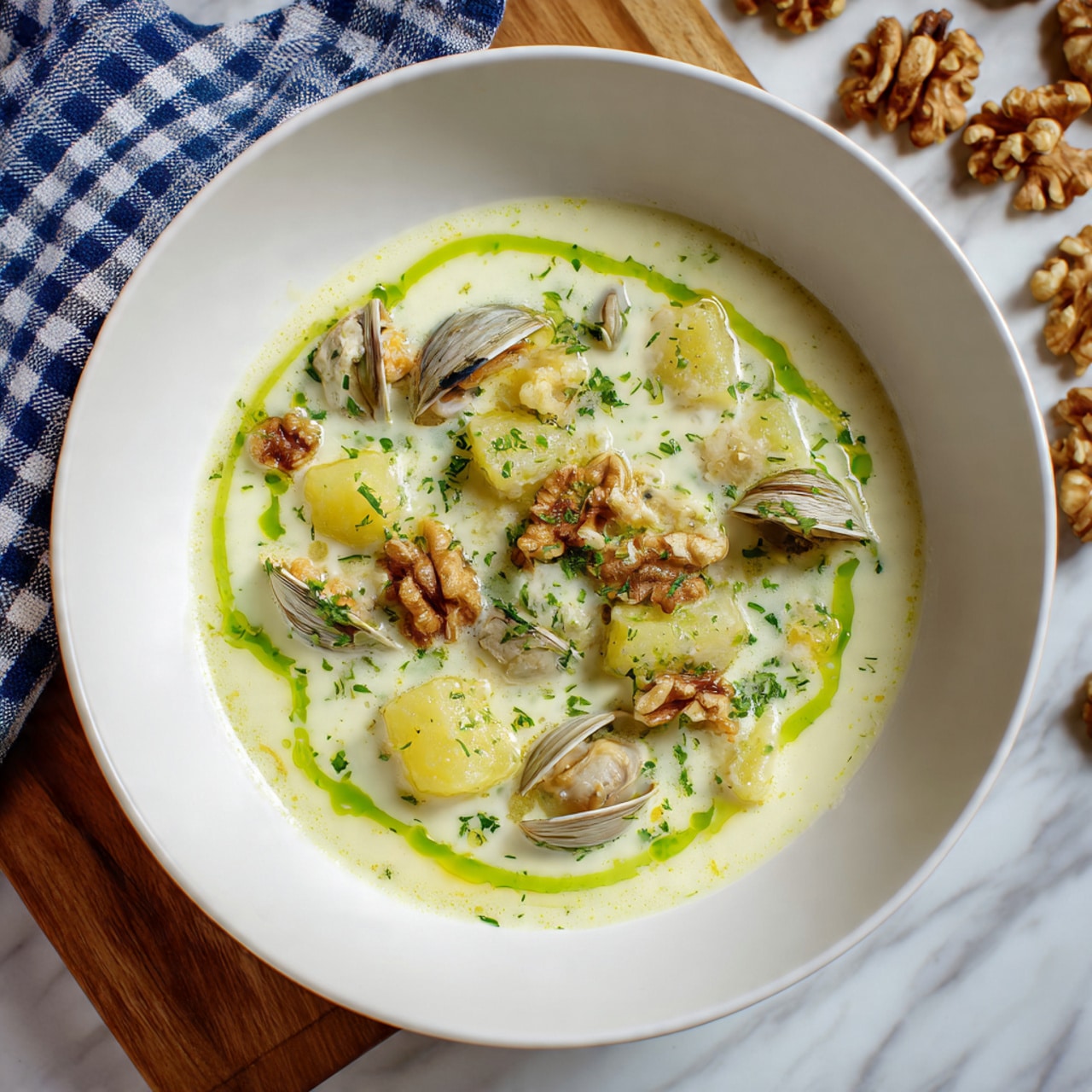 A shallow white bowl holds creamy white chowder with a smooth texture, filled with chunky light yellow potato pieces and small brown clam shells. The chowder is garnished with finely chopped green herbs scattered on top. A bright green sauce is drizzled around the inside edge of the bowl in a loose circle. The bowl sits on a wood table with pieces of walnuts scattered nearby, and a blue and white checkered cloth is to the left on a white marbled surface. Photo taken with an iphone --ar 4:5 --v 7