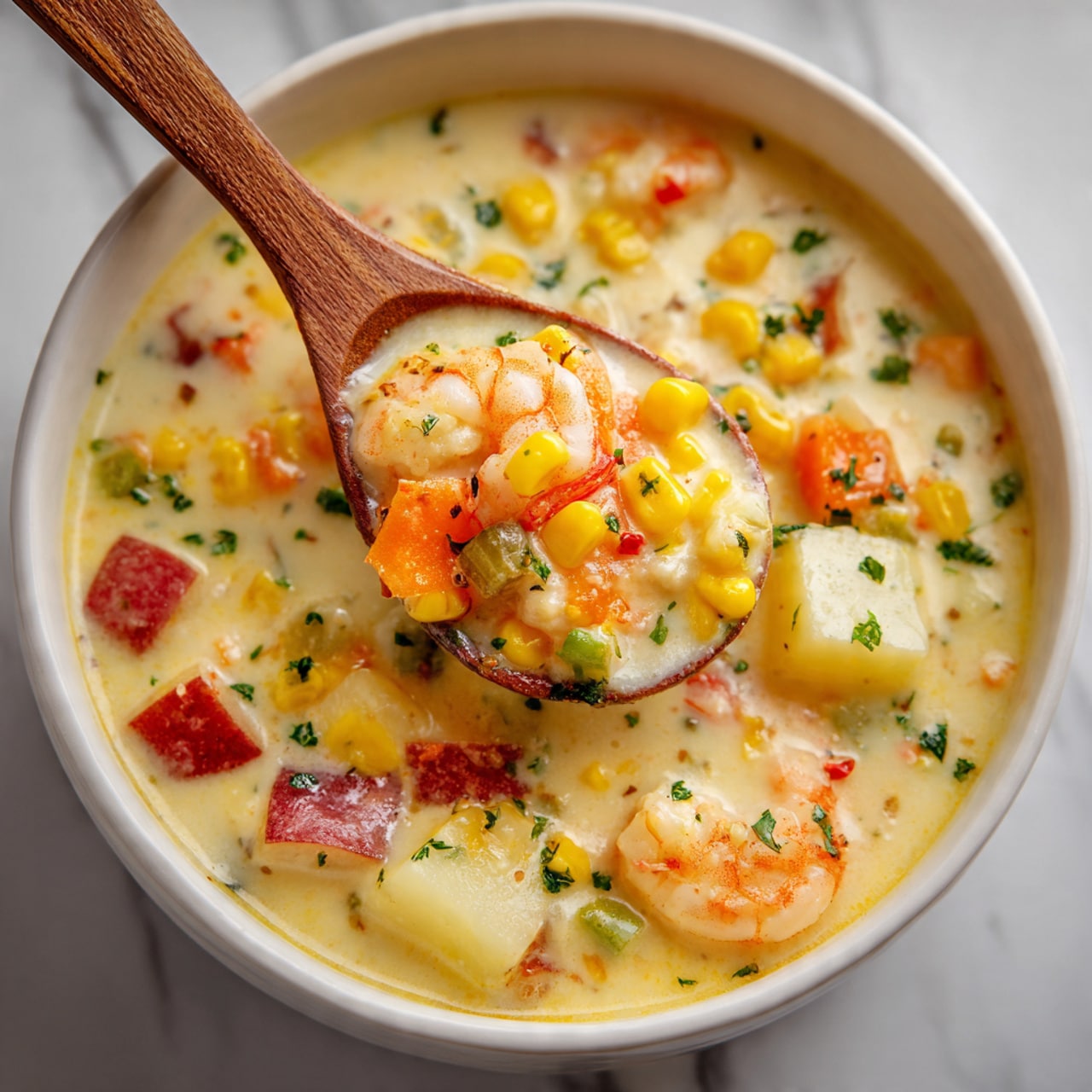 The image shows a close-up of a creamy soup in a white bowl with a wooden spoon lifting some of the contents. The soup has three main layers: a smooth pale yellow creamy broth that fills the bowl, bright yellow corn kernels scattered throughout, and various chunks of food including light pink shrimp, white potato cubes, red-skinned potato pieces, and small bits of orange carrot and green celery. Finely chopped green herbs are sprinkled on top, adding texture and color contrast. The background surface is a white marbled texture. photo taken with an iphone --ar 4:5 --v 7
