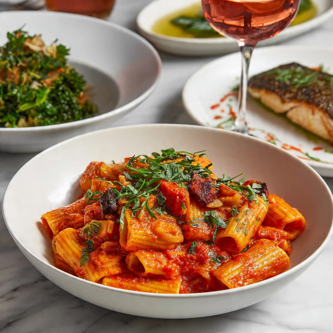 A white bowl filled with tubular pasta in a bright red tomato sauce, topped with fresh green herbs and garnished with small pieces of what looks like roasted vegetables or meat. In the background, there are two more white plates with food; one has a green leafy dish possibly a salad or garnish, and the other contains a piece of cooked fish with a green sauce on top. To the right, there is a glass of pinkish wine. All dishes are sitting on a white marbled surface. Photo taken with an iphone --ar 4:5 --v 7