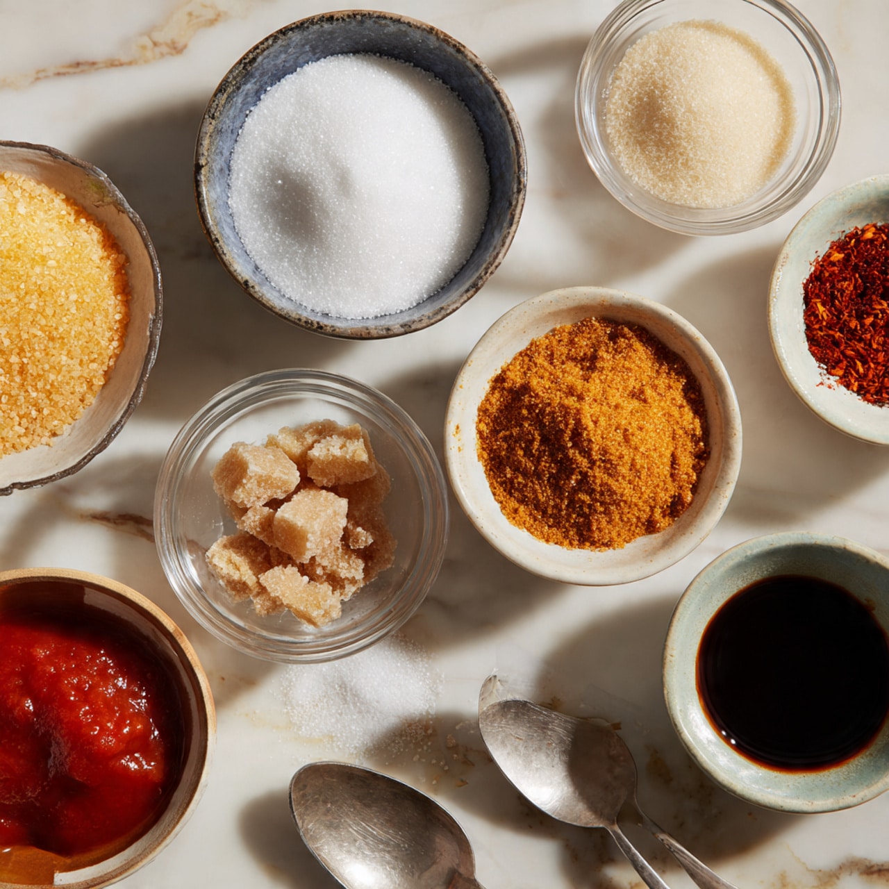 The image shows small white bowls and glass bowls arranged on a white marbled surface, each filled with different ingredients. There is a bowl with white granulated sugar, a bowl with a light yellow powder, a bowl with a light orange powder, a small bowl with white granules, a bowl with sticky brown sugar, a small bowl with red spices, a larger bowl with red tomato sauce, and a bowl with a dark soy sauce. A spoon is resting on the surface near the bowls. The lighting is soft and natural, emphasizing the colors and textures of the ingredients. photo taken with an iphone --ar 4:5 --v 7